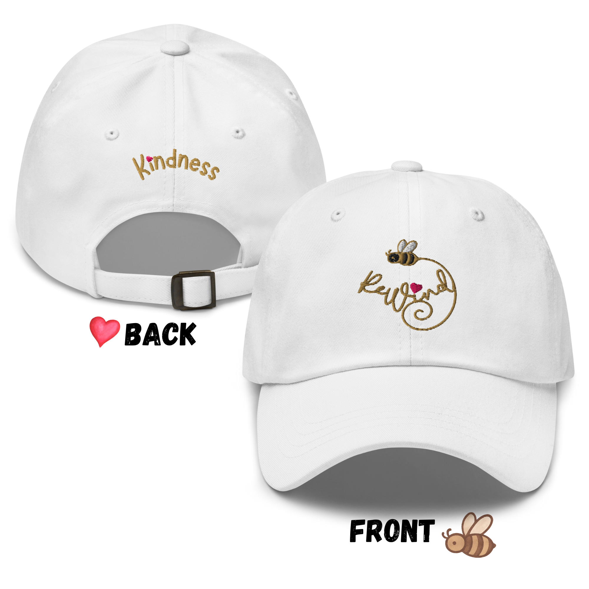 White classic dad hat — front ReWind bee-and-heart logo; back “Kindness” embroidery.