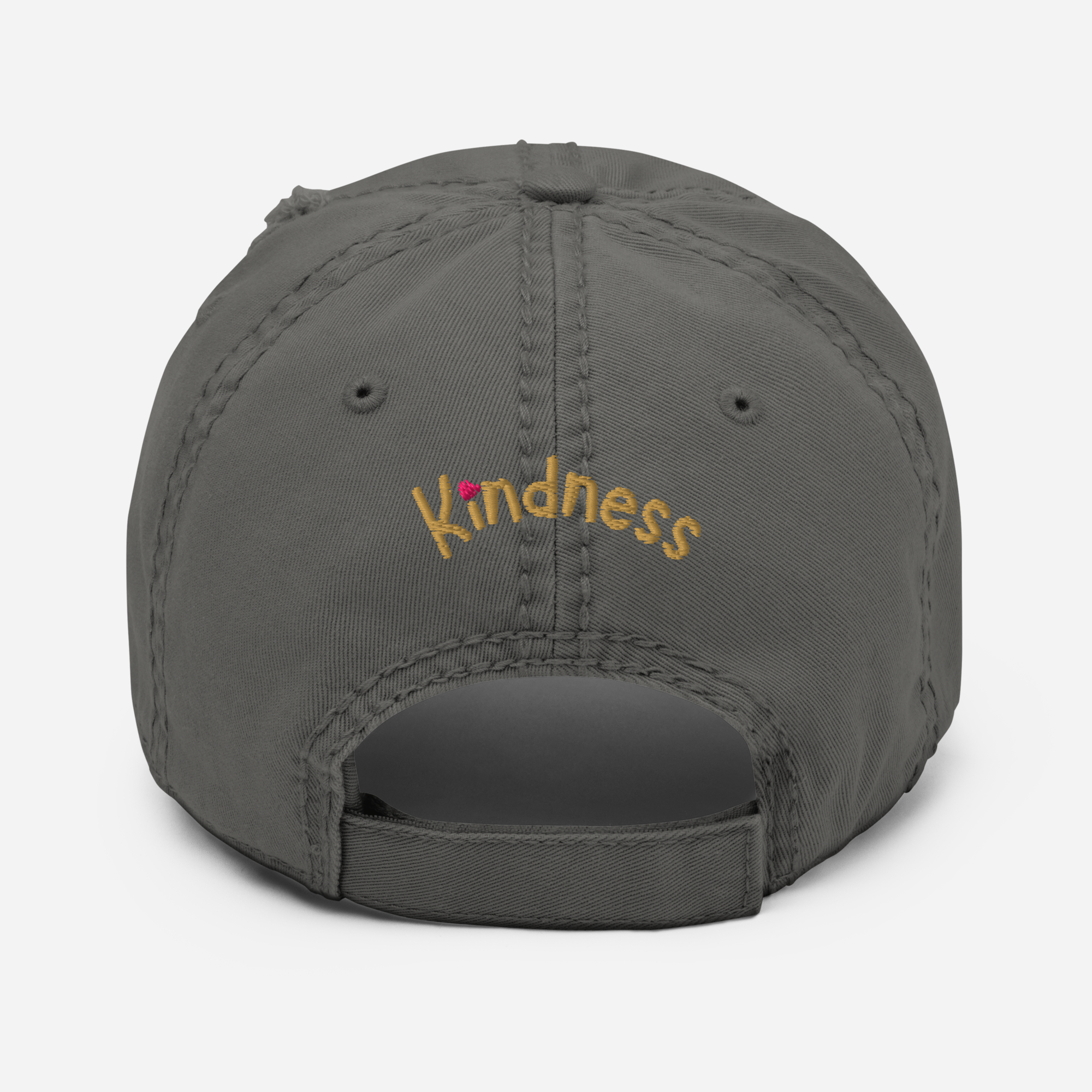 Charcoal distressed dad hat — back “Kindness” embroidery with adjustable strap.