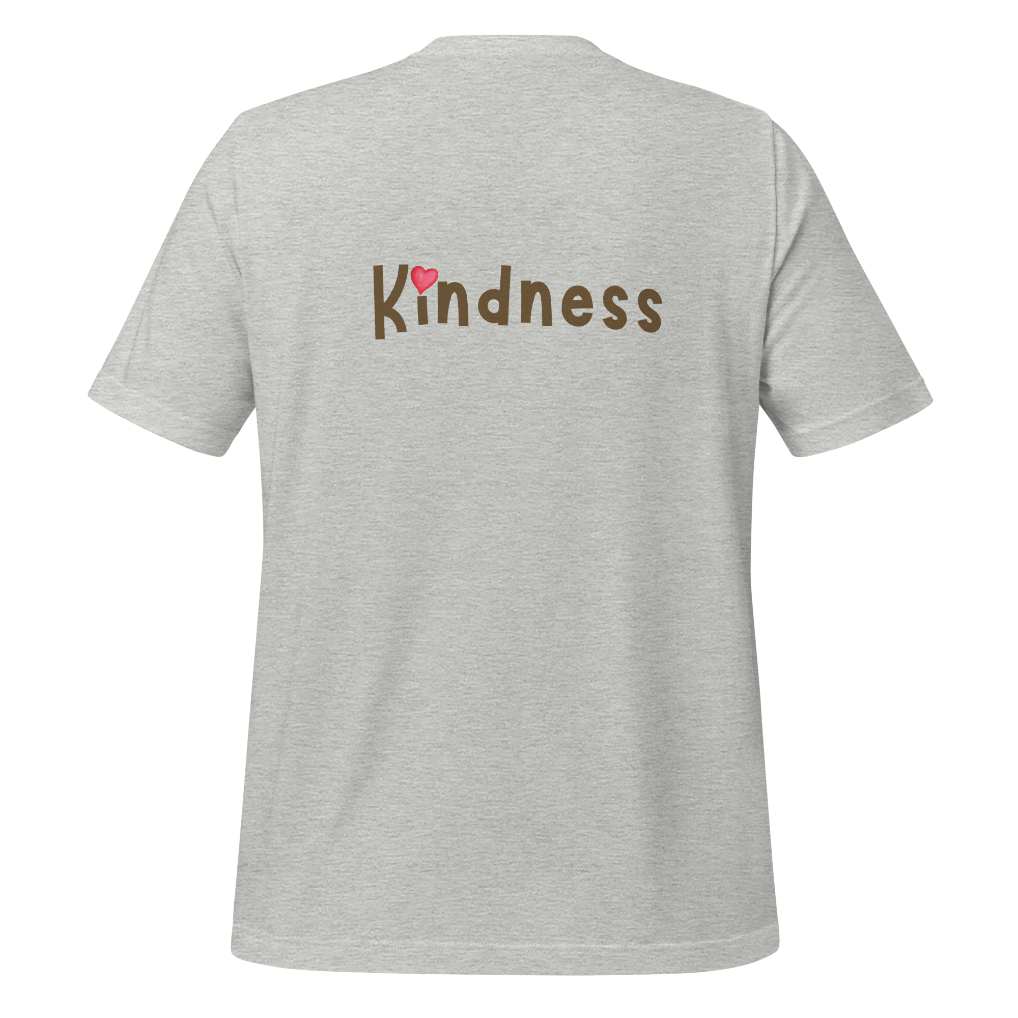 Unisex t-shirt, athletic heather gray, back flat view — front with ReWind bee-and-heart logo and back with “Kindness” text (heart over the i).