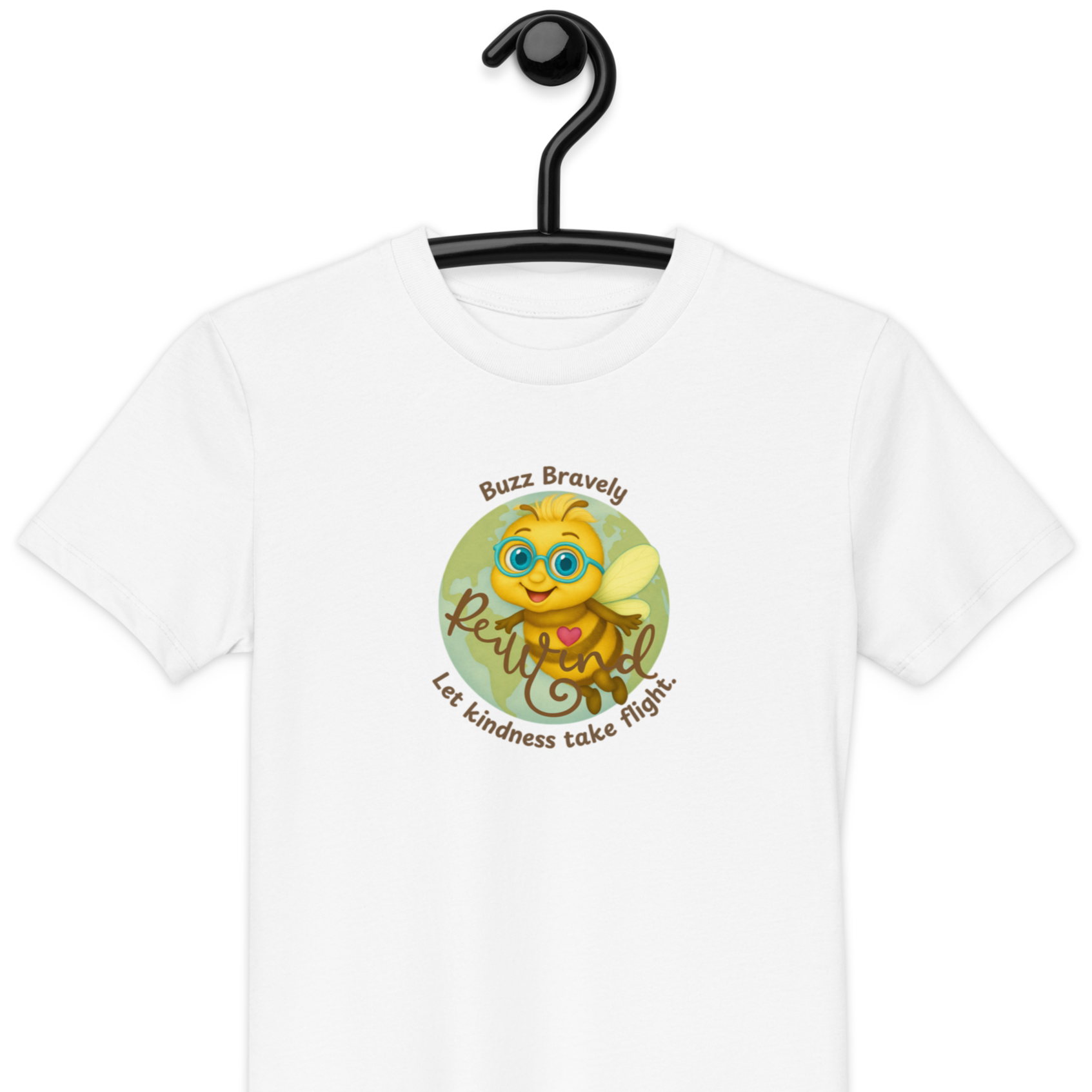 ReWind Kindness kids t-shirt with Beeian bee graphic—storybook tees for children.