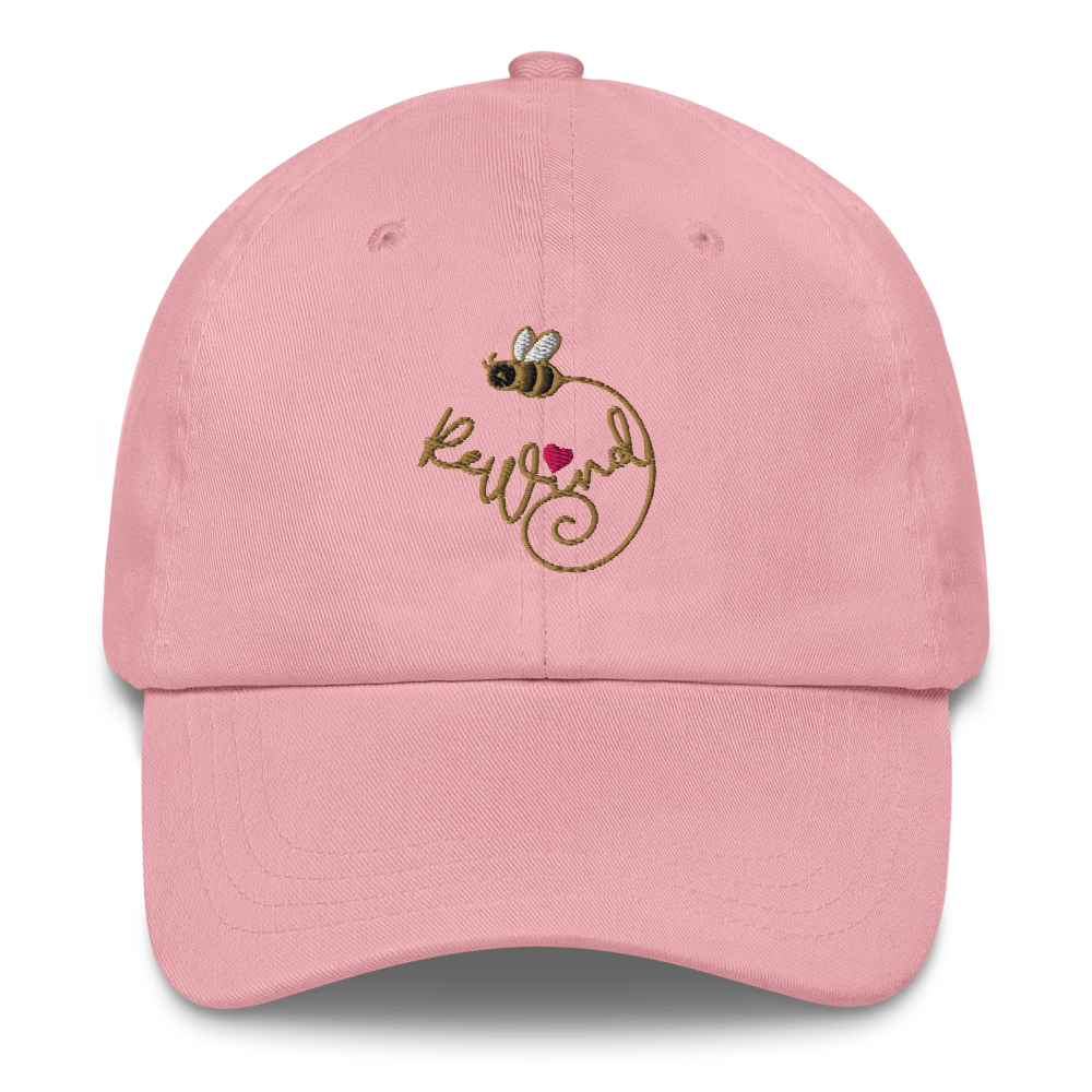 Pink classic dad hat — embroidered ReWind bee-and-heart logo on front.