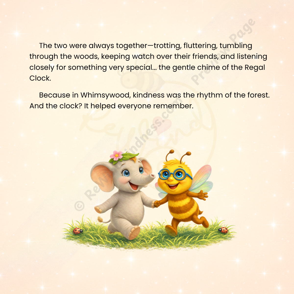 ReWind Kindness — Page 4: Story text continues as Ella and Beeian walk hand in hand through Whimsywood; soft grassy background with ladybugs.