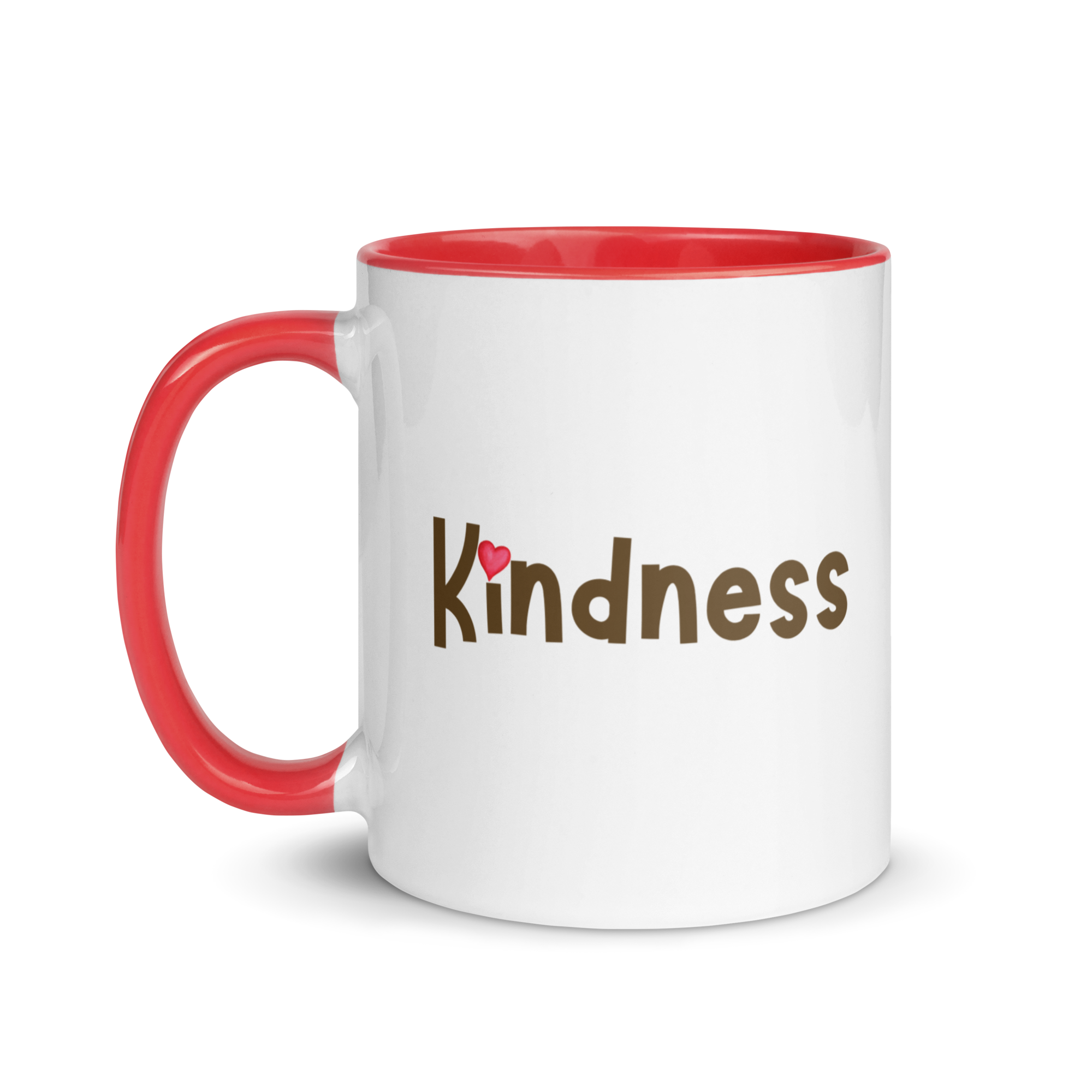 White 11-oz mug with red handle and rim, “Kindness” lettering with heart dot over the i.