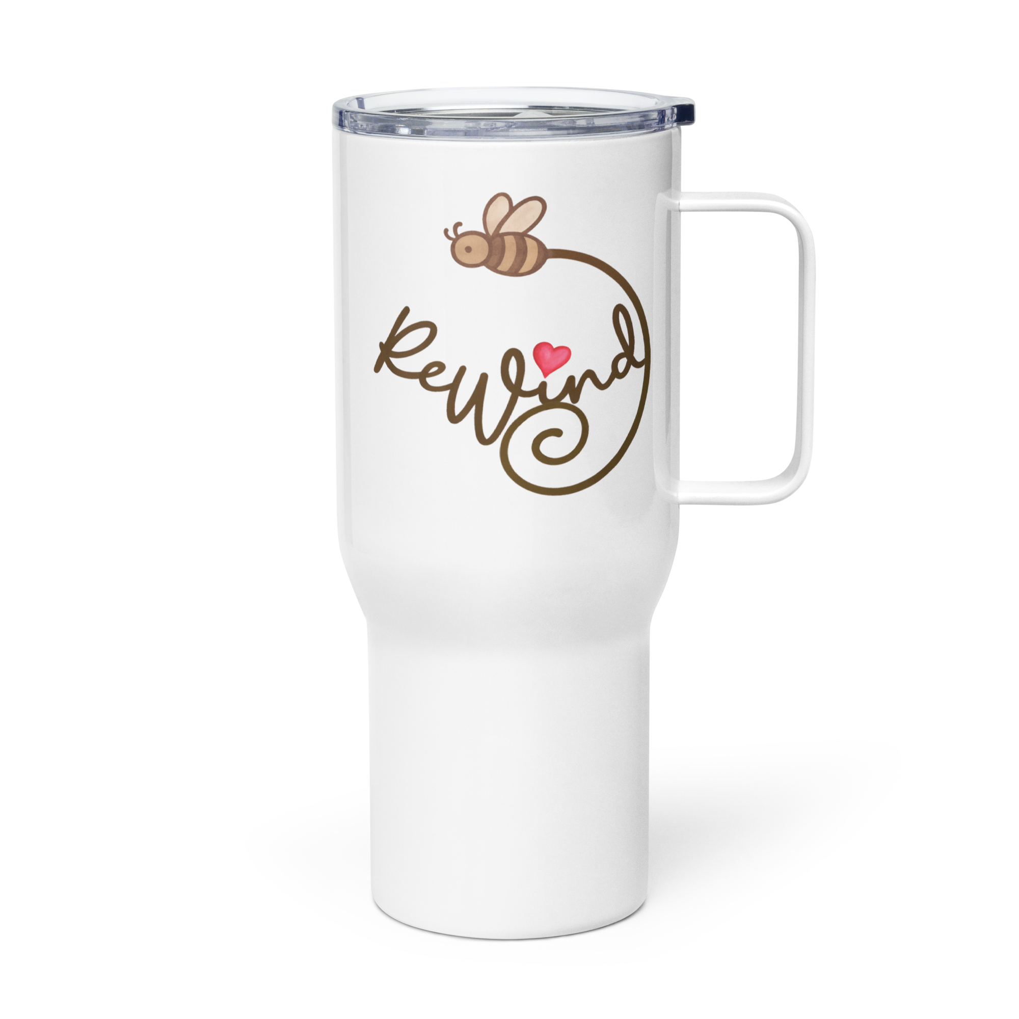 25-oz white travel mug with handle—front view showing ReWind script with bee trail and heart.