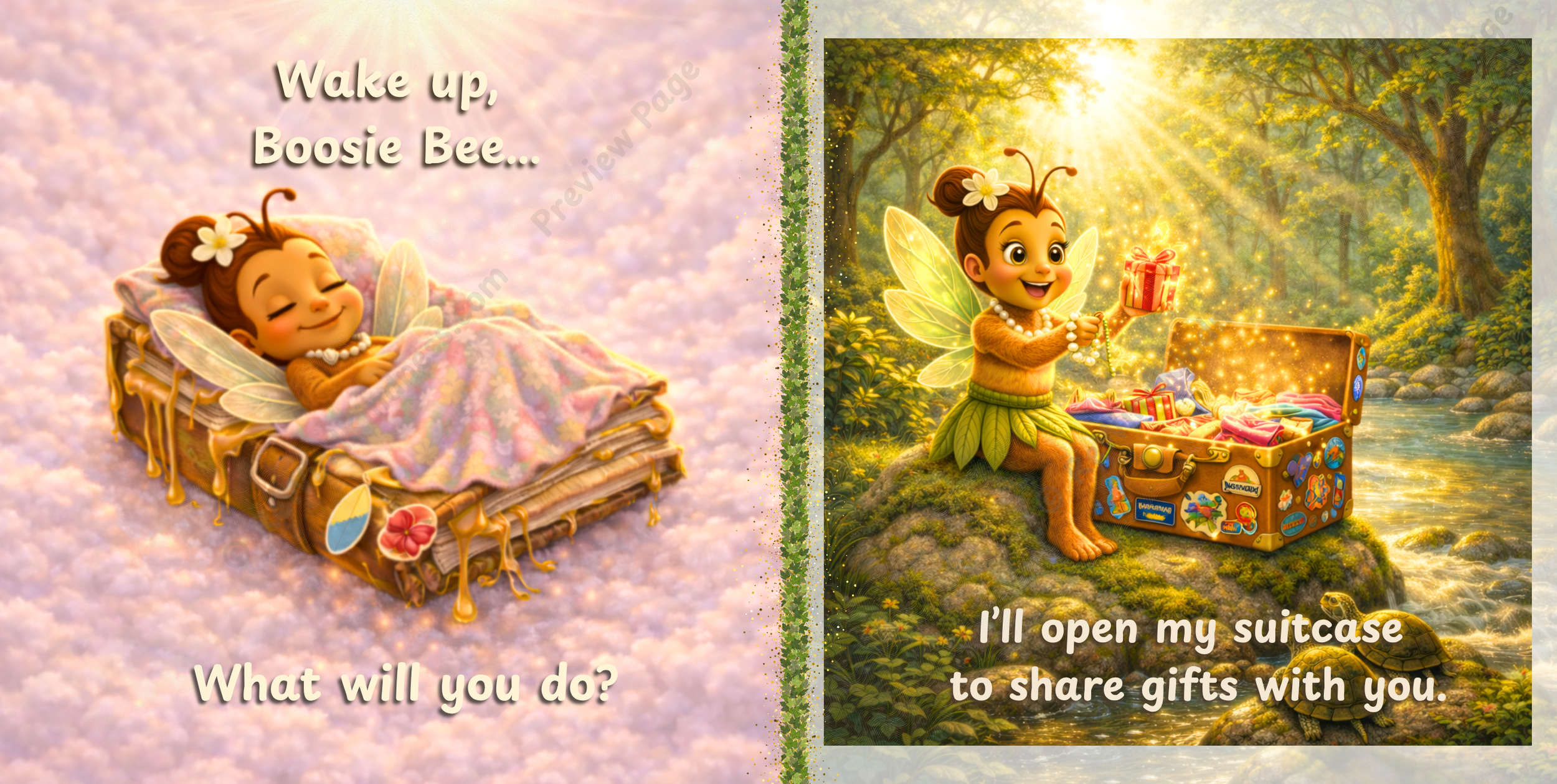 Wake Up, Whimsywood! preview pages featuring sleepy Boosie Bee tucked into bed and a glowing Whimsywood morning scene with gifts, kindness, and golden painterly light.