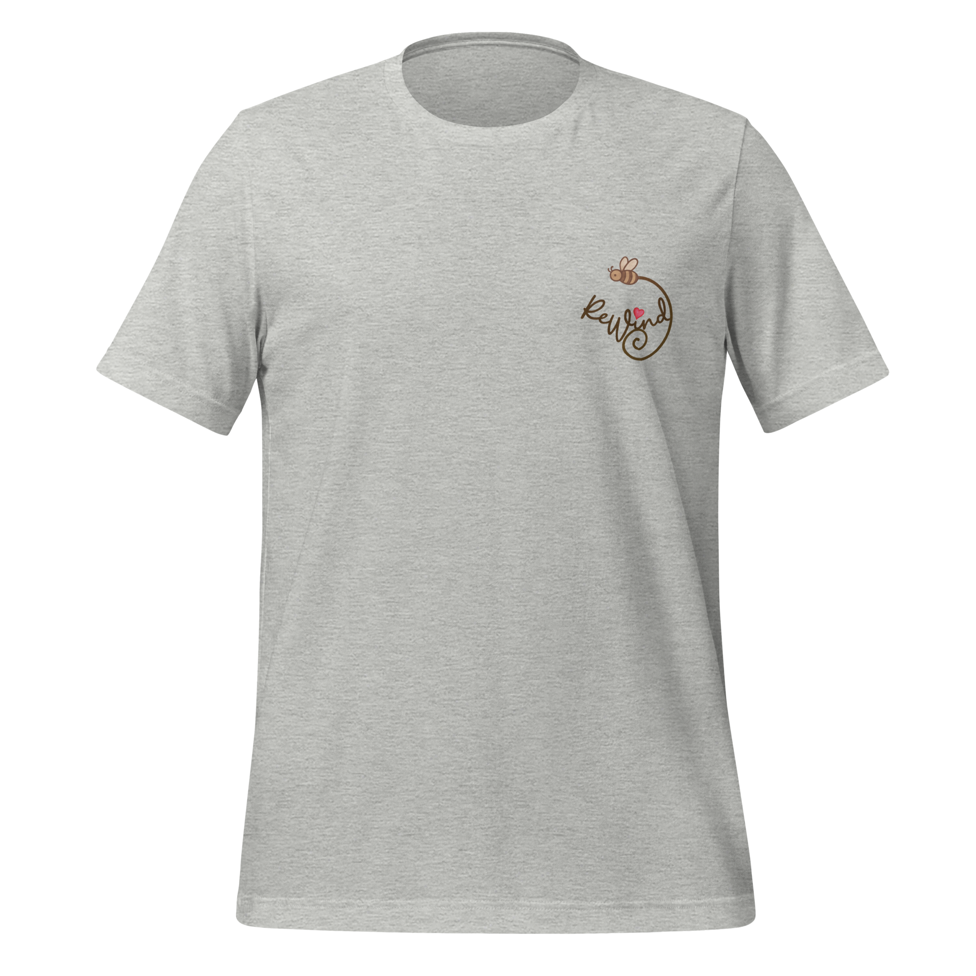 Unisex t-shirt, athletic heather gray, front flat view — front with ReWind bee-and-heart logo and back with “Kindness” text (heart over the i).