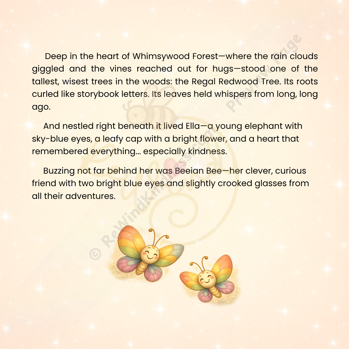 ReWind Kindness — Page 2: Opening story text about Whimsywood Forest; butterflies at the bottom of the page.