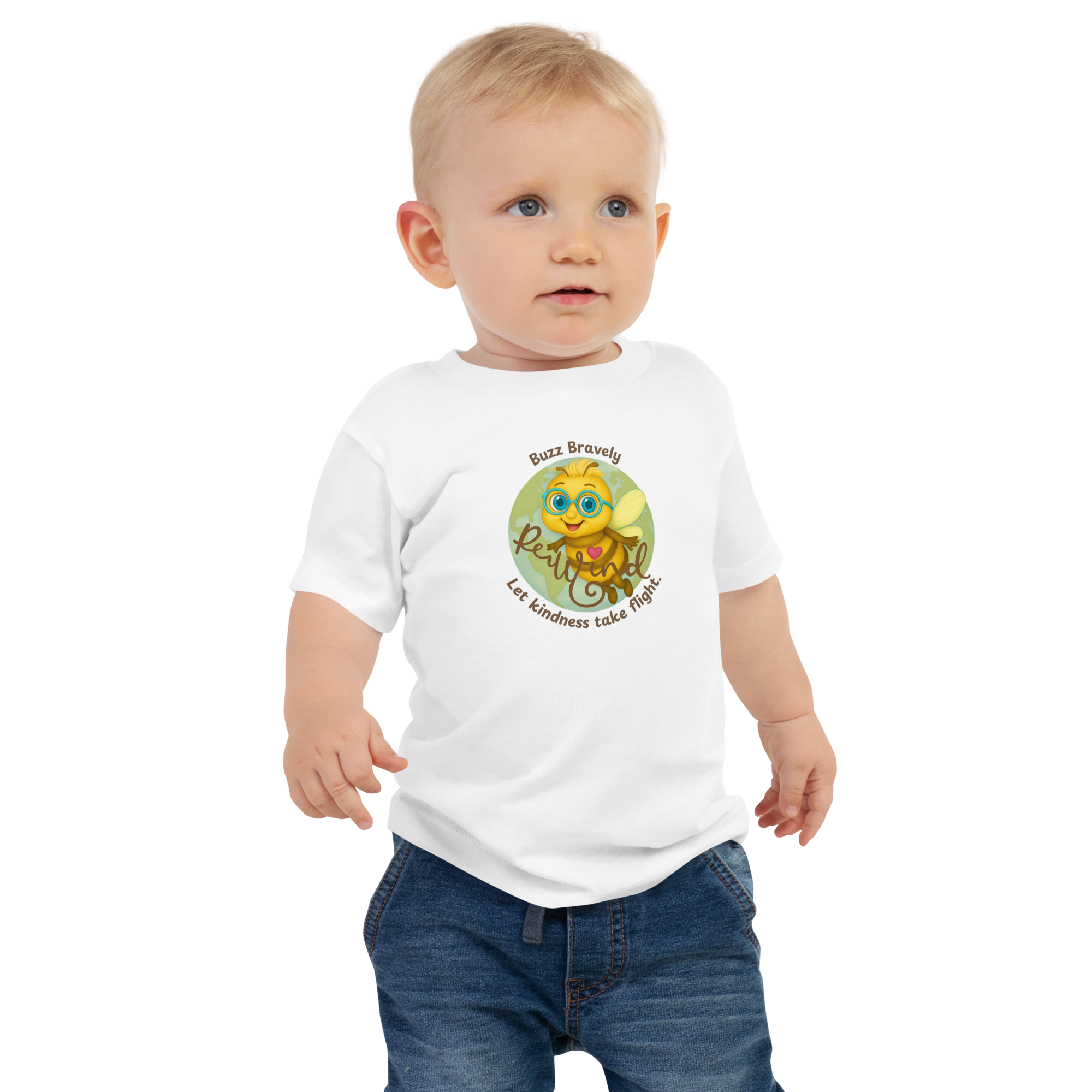 Toddler t-shirt – Beeian Bee ‘Buzz Bravely’ graphic, white, size 3T, front on-model.