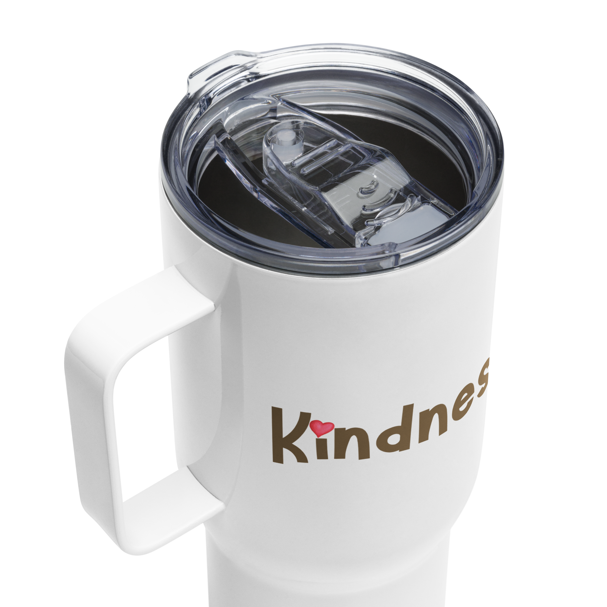 Closeup of 25-oz white travel mug with handle and clear sliding lid—“Kindness” wordmark.