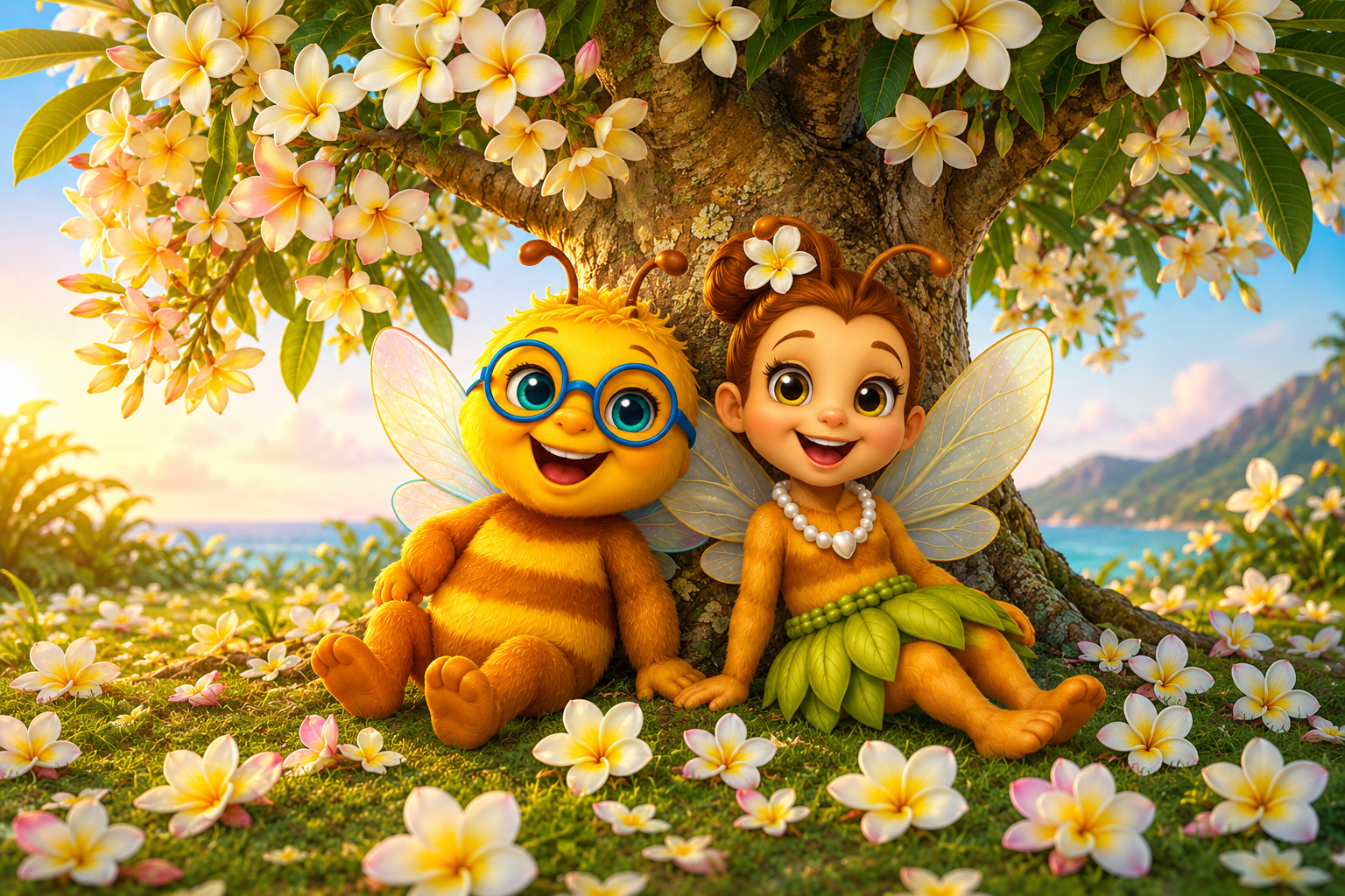 Boosie Bee and Beeian Bee sitting beneath a blooming plumeria tree surrounded by fallen blossoms, peaceful morning light, and a tropical Whimsywood-inspired landscape.
