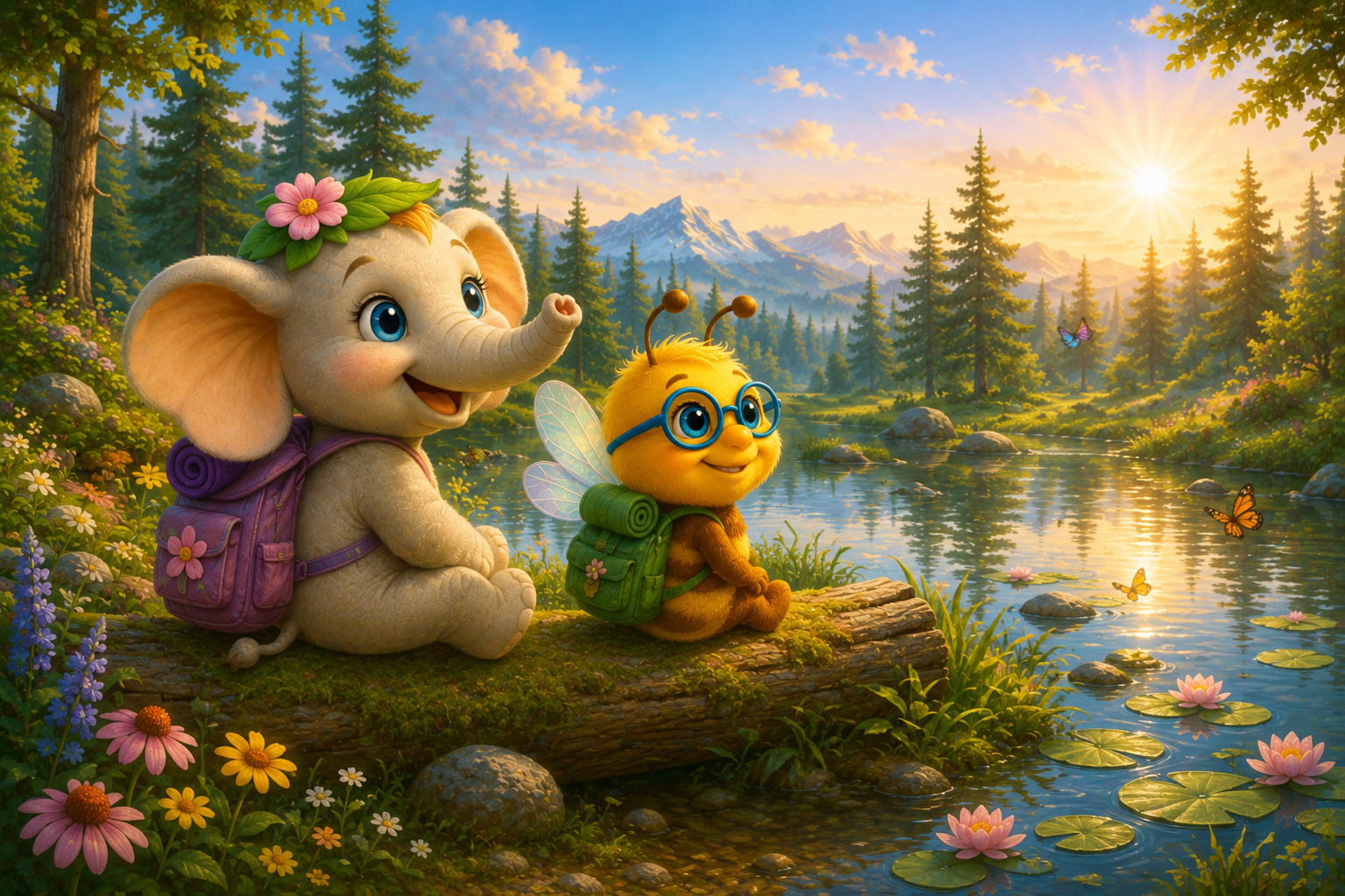 Ella Elephant and Beeian Bee sitting together on a mossy log beside a peaceful pond with backpacks, enjoying the sunset view in Whimsywood Forest.