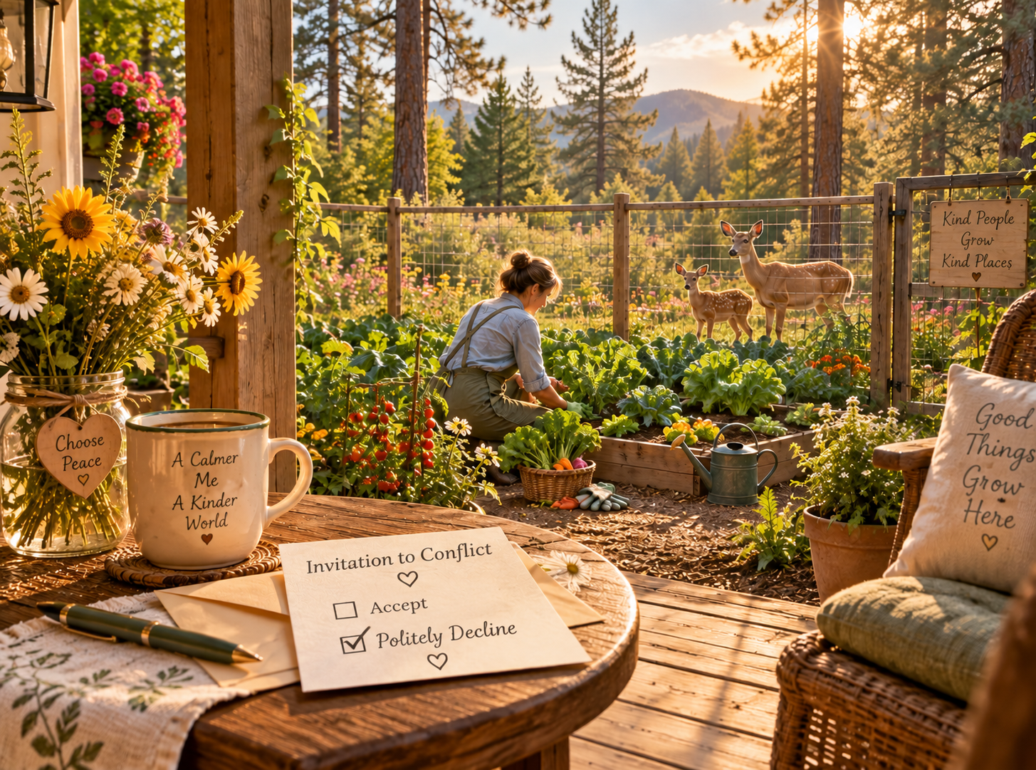 Woman tending a peaceful vegetable garden while a doe and fawn stand beyond the fence, symbolizing choosing peace over conflict in "The Peace of Not Responding" by ReWind Kindness.