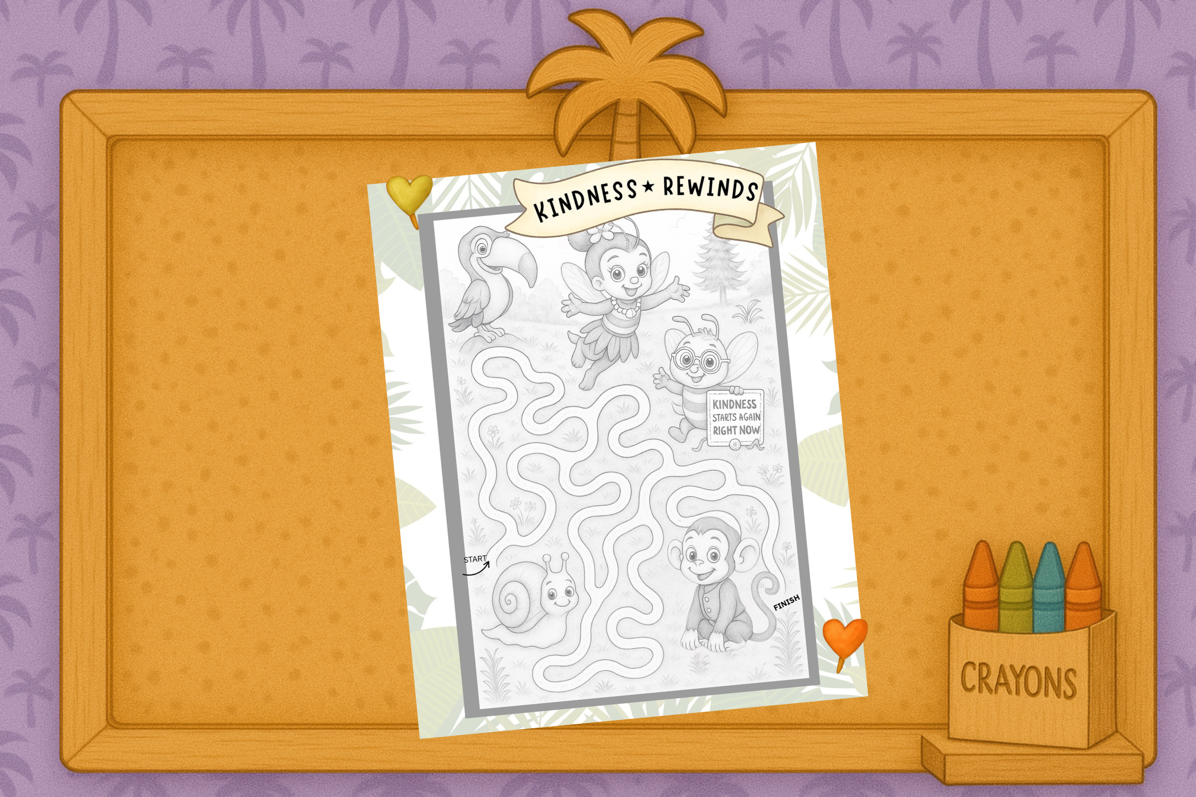 A corkboard with purple palm-tree wallpaper and a wooden palm tree topper, featuring the Kindness Rewinds maze pinned with heart pushpins and crayons on a shelf.