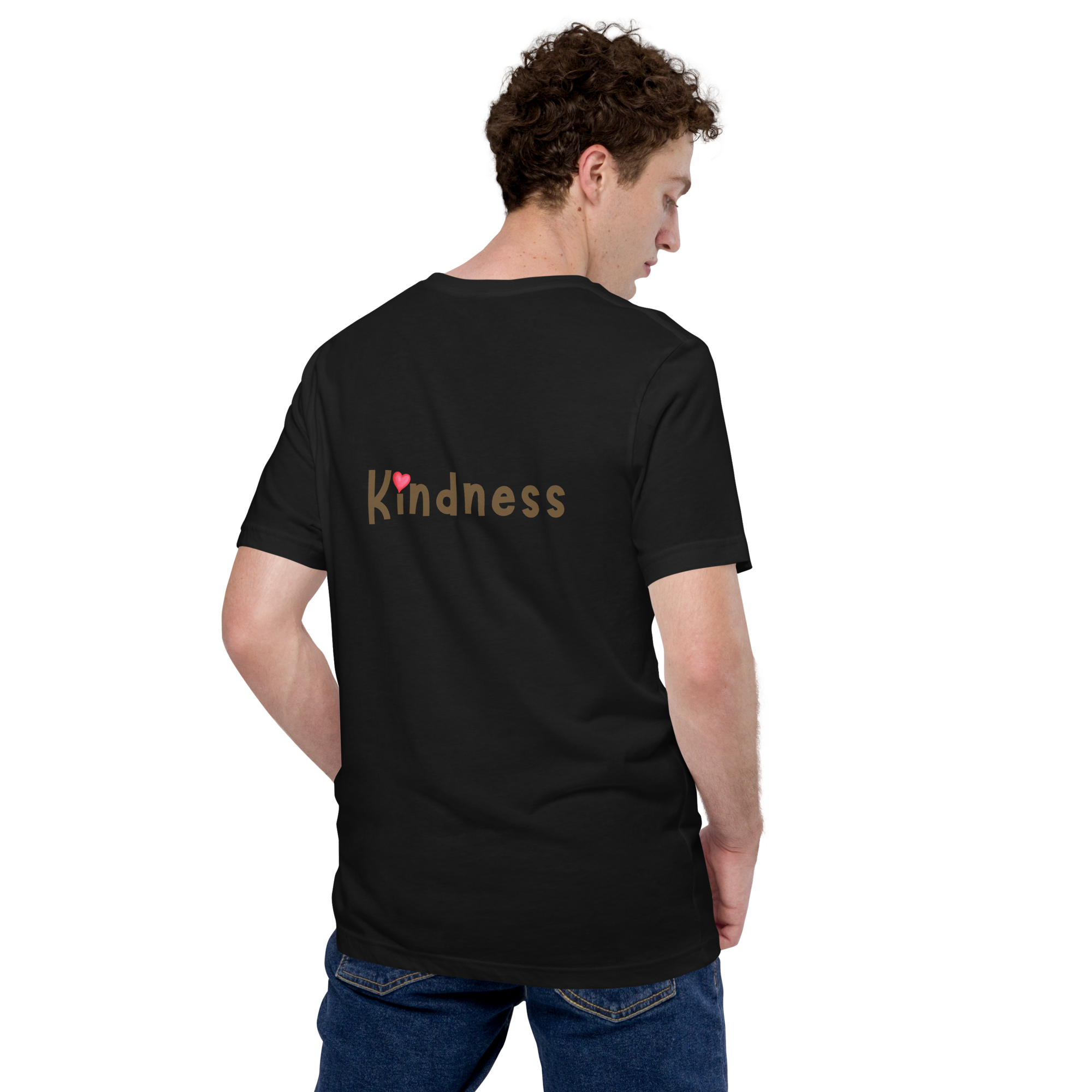 Unisex t-shirt, vintage black, model back view — front with ReWind bee-and-heart logo and back with “Kindness” text (heart over the i).