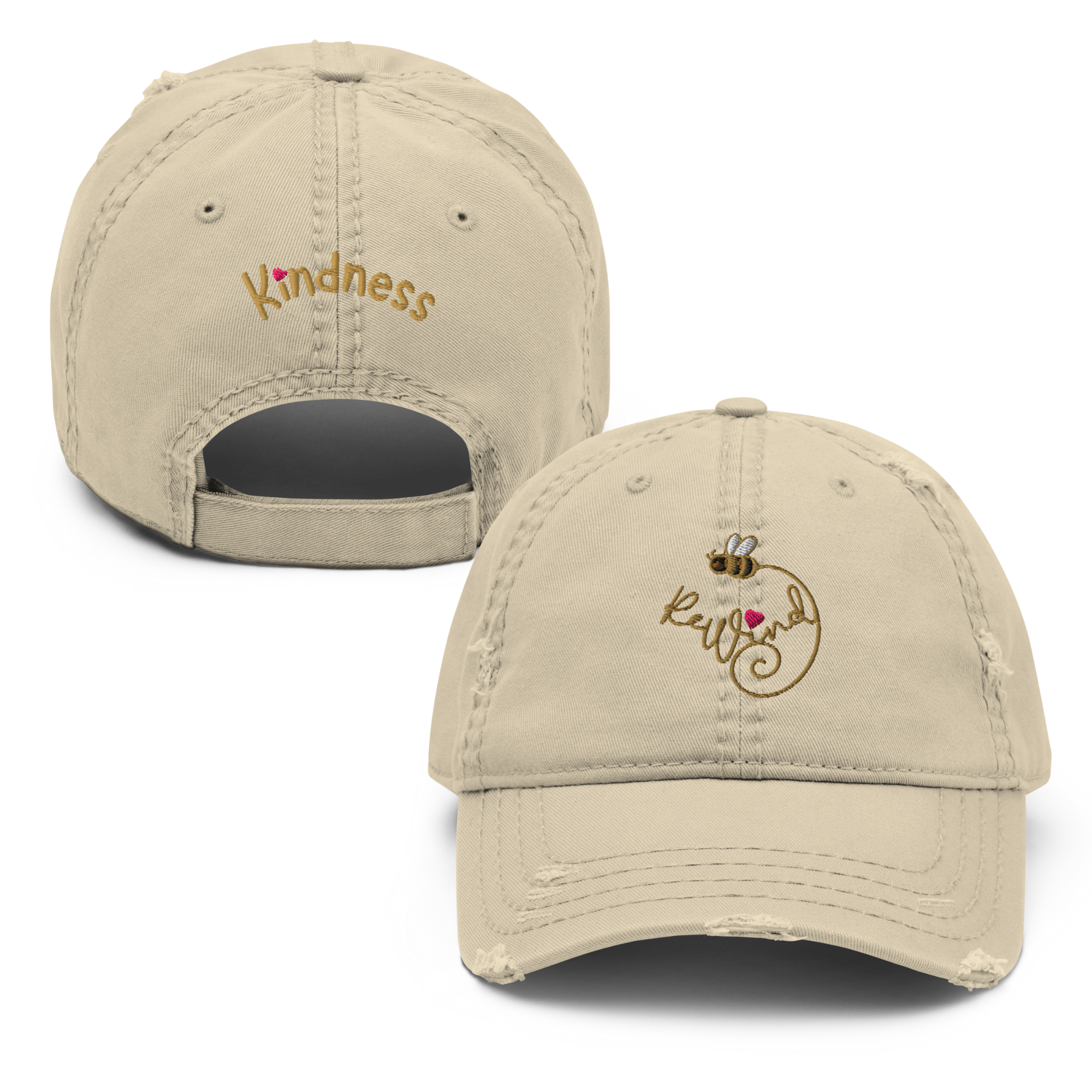 Beige distressed baseball caps—front embroidered ReWind bee-heart logo, back “Kindness”; ReWind Kindness logo hats.
