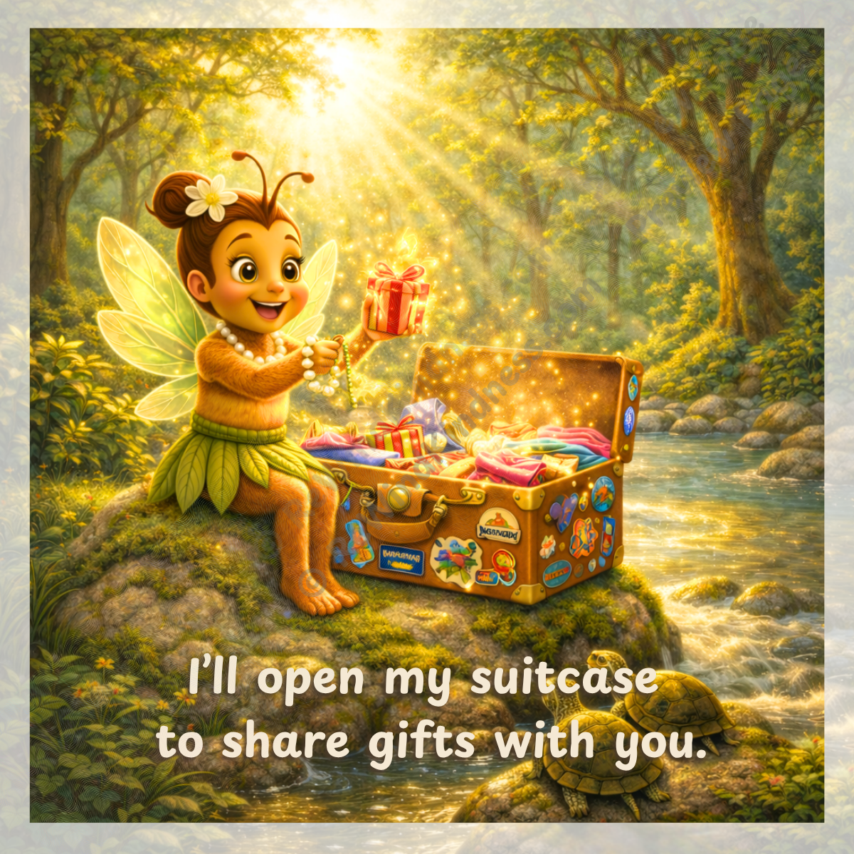 Wake Up, Whimsywood! — Page 3: Boosie Bee opens a colorful suitcase of gifts beneath glowing morning sunbeams in Whimsywood Forest.