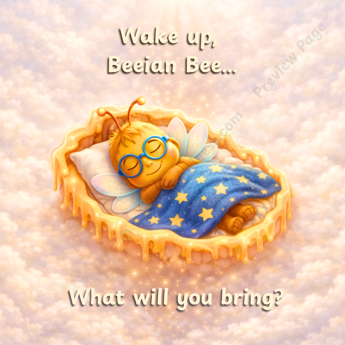 Wake Up, Whimsywood! — Page 6: Beeian Bee sleeps cozily beneath a starry blanket while soft golden honey drips around his cloud bed in the dreamy morning sky.