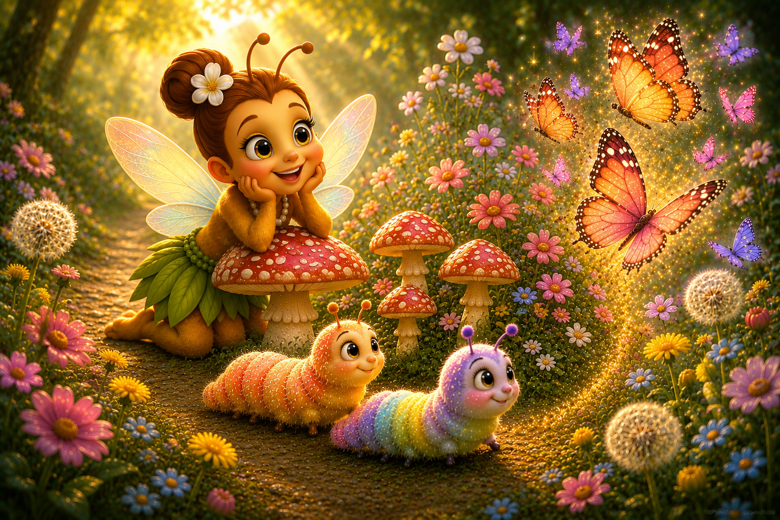 Boosie Bee resting on a red mushroom while admiring colorful caterpillars transforming into glowing butterflies in a magical Whimsywood forest meadow filled with flowers and golden morning light.