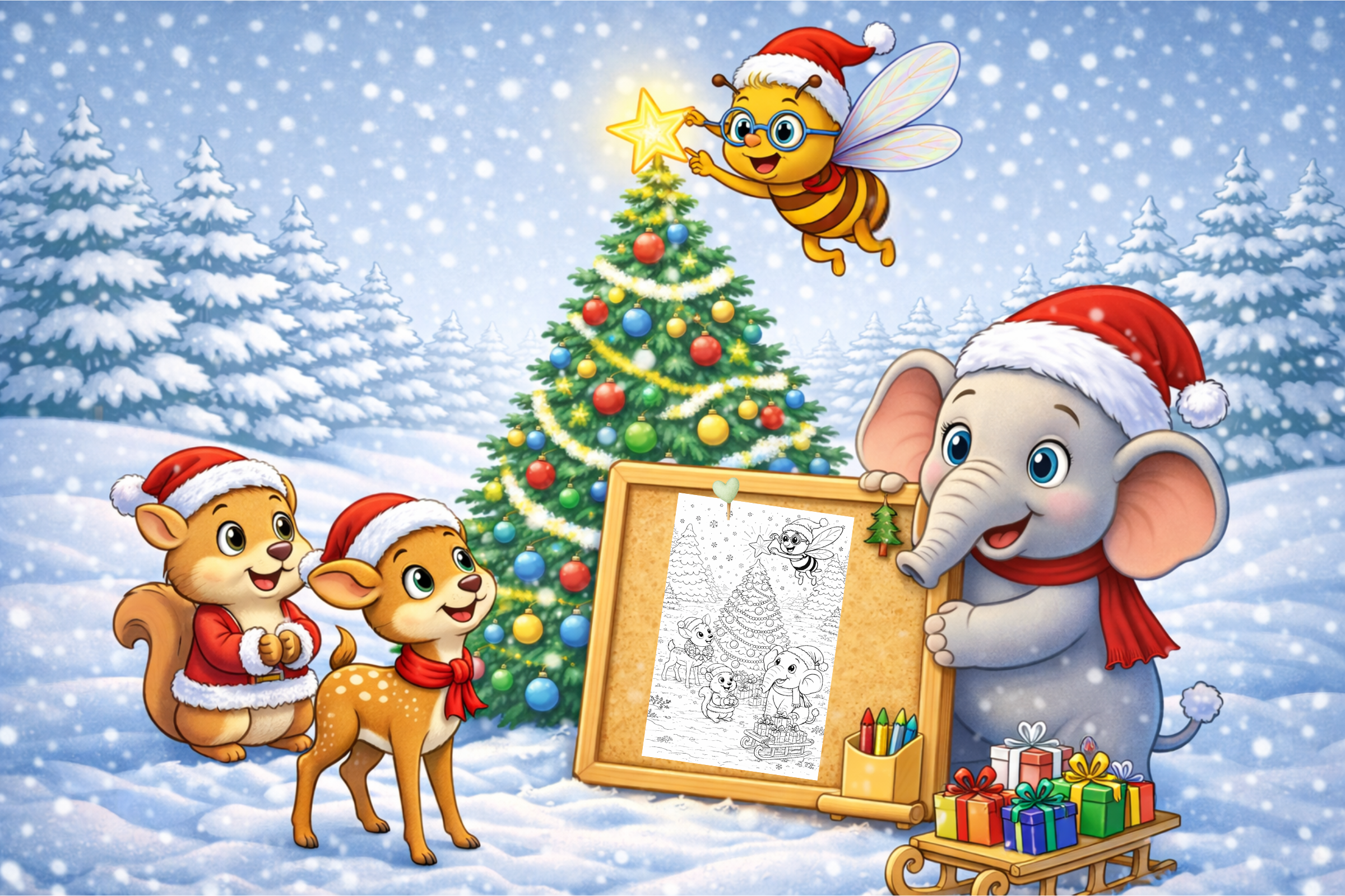 Holiday Whimsywood Forest scene featuring Beeian Bee placing a star on a Christmas tree while Ella Elephant and forest friends gather with gifts beside a “Kindness is a gift” coloring page.