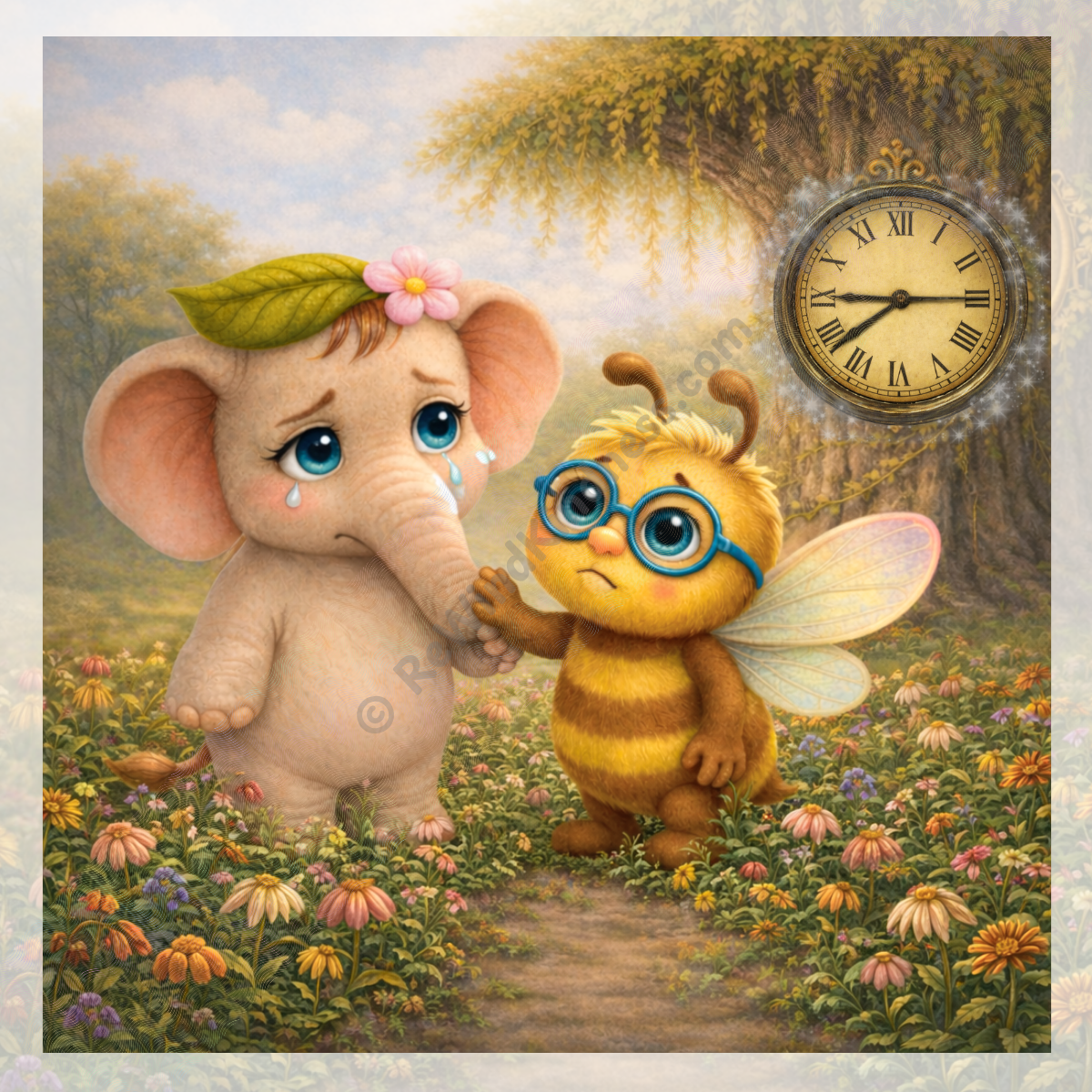 ReWind Kindness — Page 5: Ella Elephant and Beeian Bee stand together beneath the glowing Regal Redwood clock tree in Whimsywood Forest; warm painterly storybook illustration with flowers and golden light.
