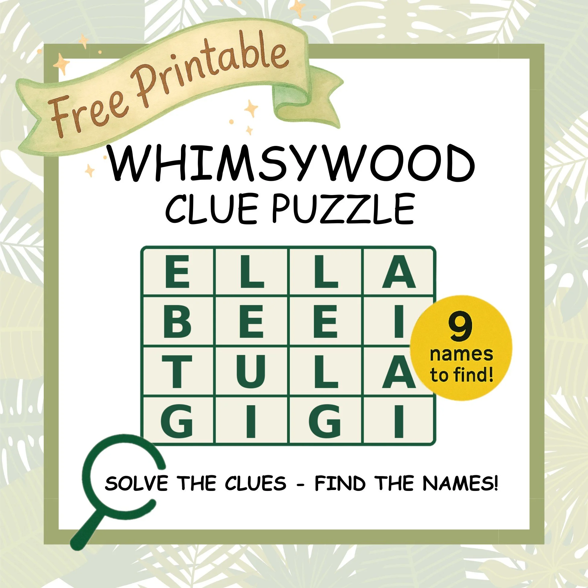 Whimsywood Clue Puzzle — find the names