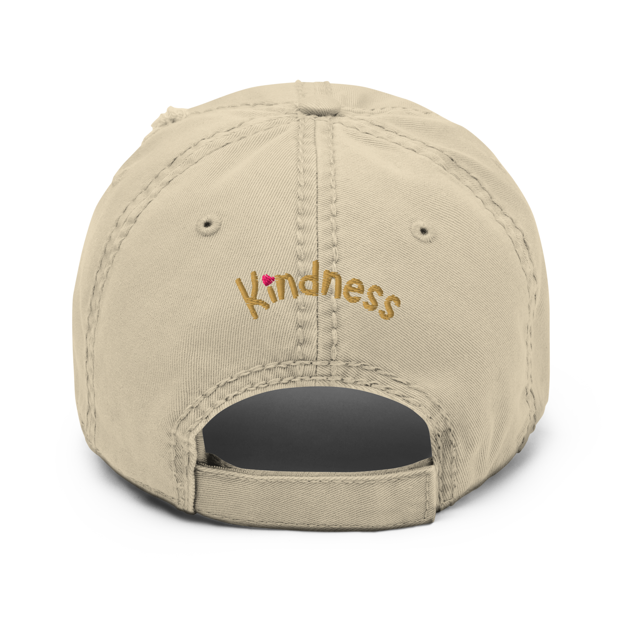 Khaki distressed dad hat — back “Kindness” embroidery with adjustable strap.