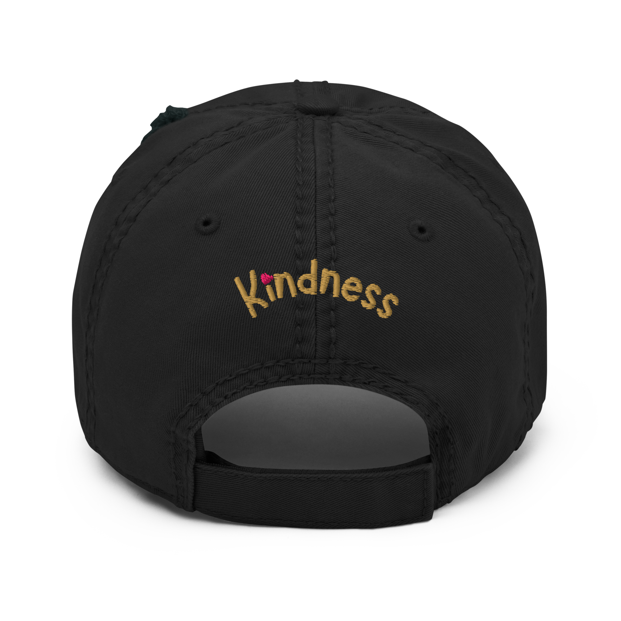 Black distressed dad hat — back “Kindness” embroidery with adjustable strap.