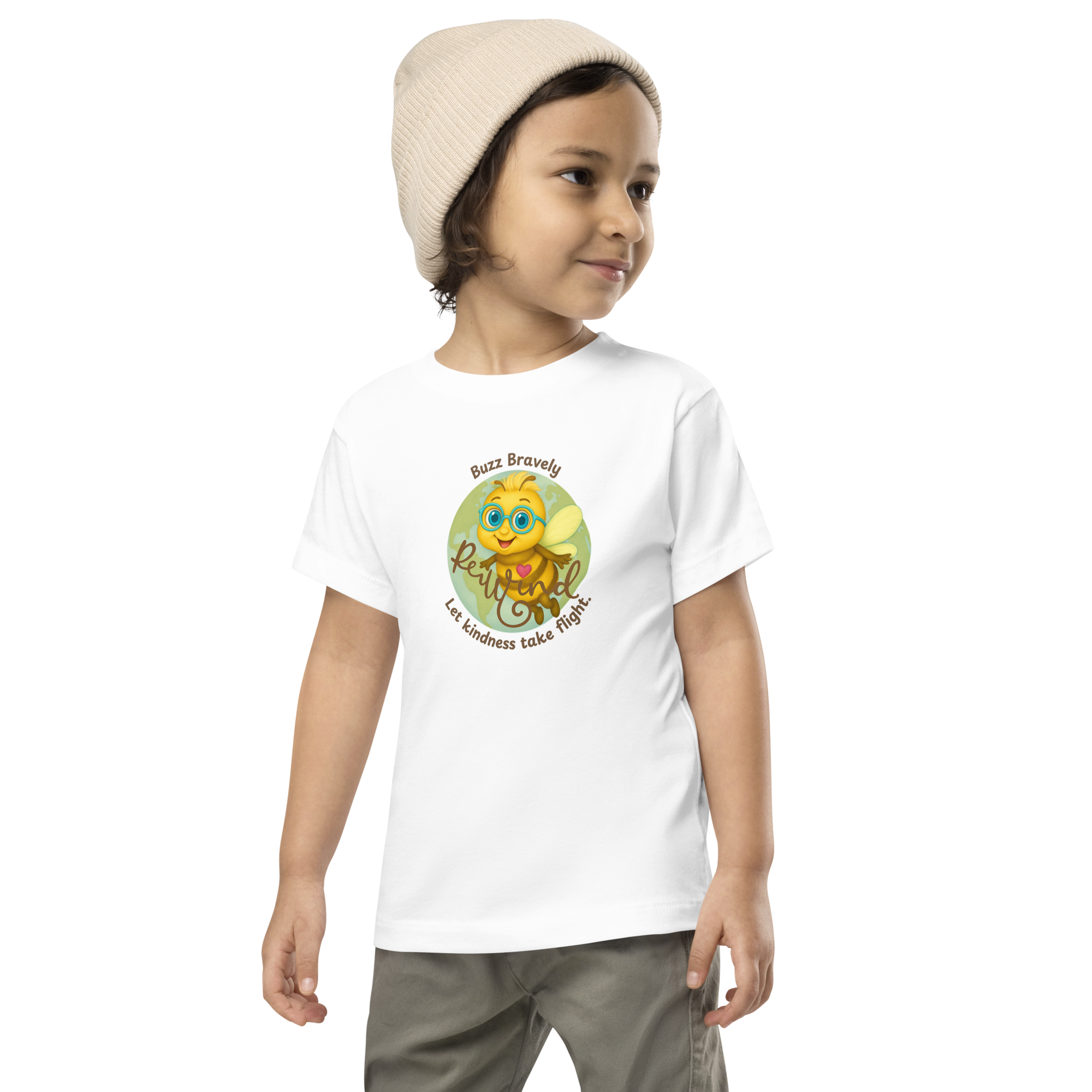 Kids organic t-shirt – Beeian Bee ‘Buzz Bravely’ graphic, white, front on-model, size 3-4.