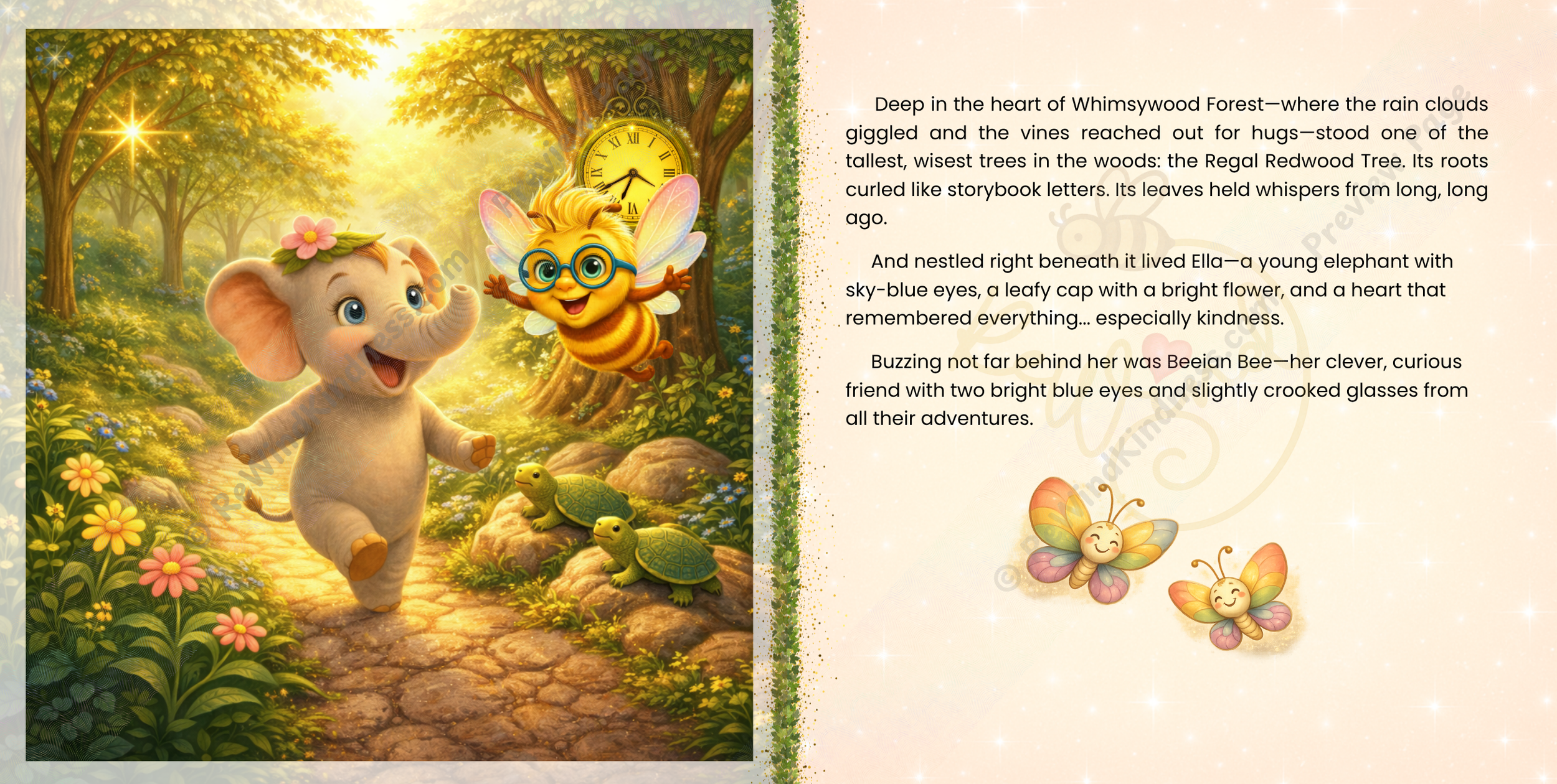 Preview spread from the ReWind Kindness Anniversary Edition featuring Ella Elephant and Beeian Bee walking through Whimsywood Forest beneath the glowing Regal Redwood clock tree.
