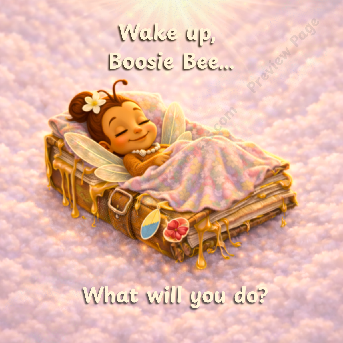 Wake Up, Whimsywood! — Page 2: Boosie Bee sleeps peacefully beneath a cozy blanket as the soft morning sky glows with warmth and wonder.