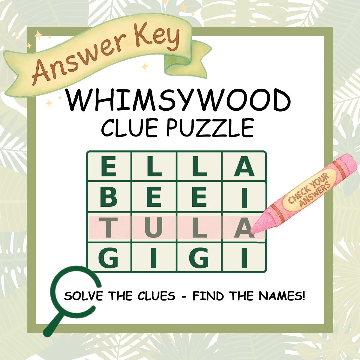 Whimsywood Clue Puzzle — answer key