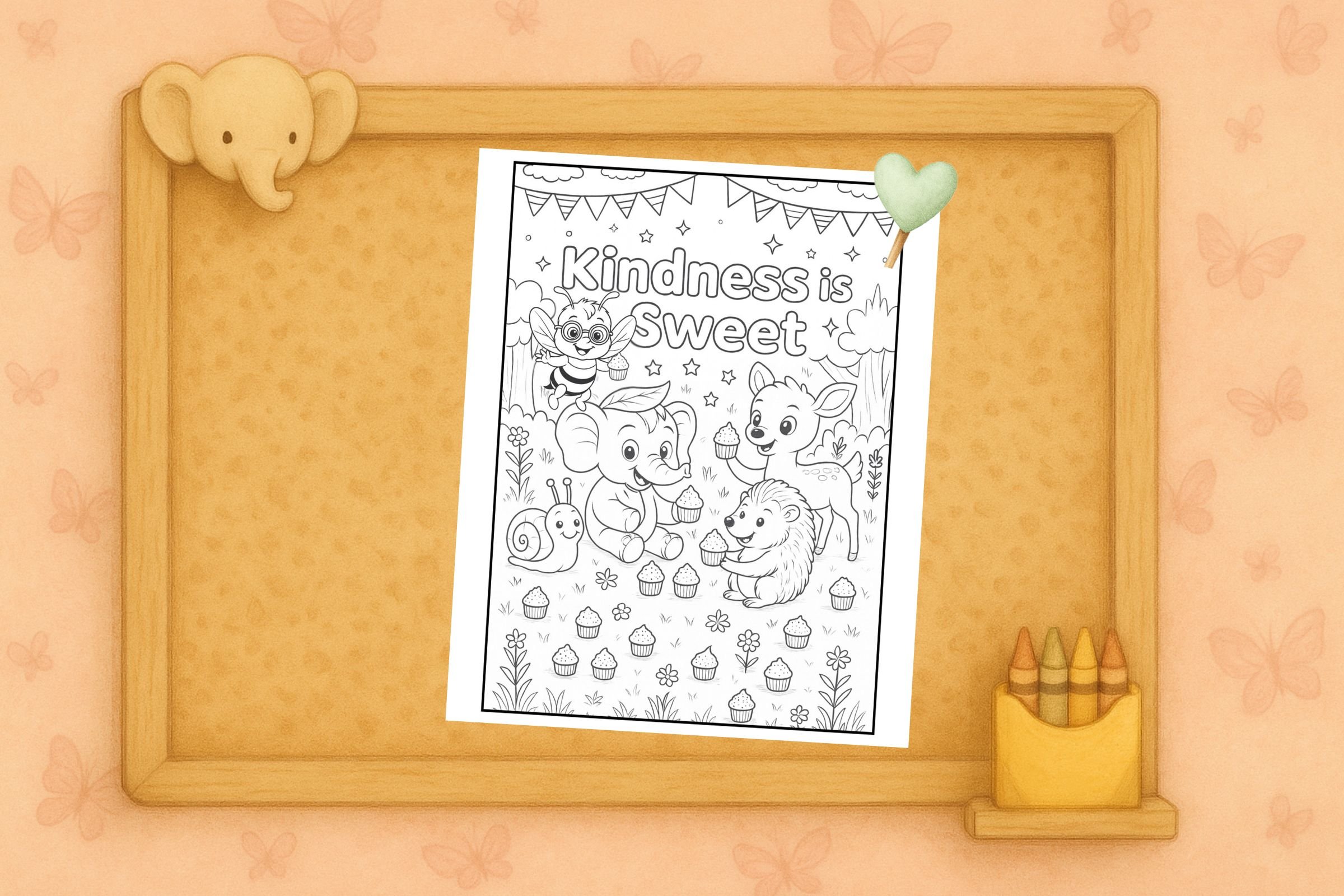 Kindness is Sweet free coloring page pinned to a soft corkboard with crayons, featuring Ella the elephant, Beeian the bee, and their Whimsywood friends.