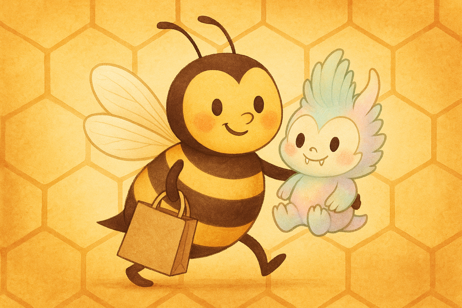 A cheerful storybook-style bee carrying a pastel gradient Labubu toy and a shopping bag, walking through a warm honeycomb background to represent the busy holiday shopping season.