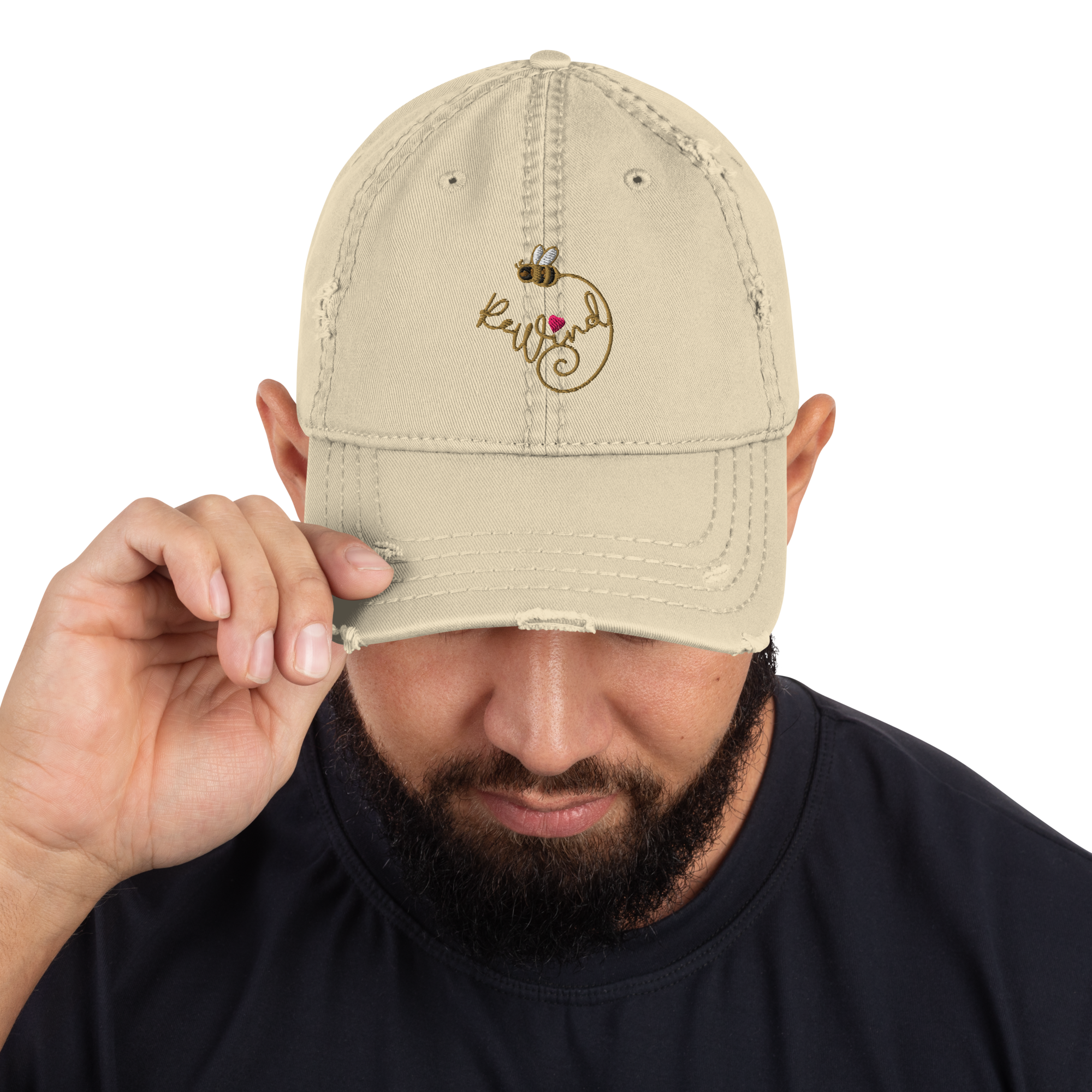 Khaki distressed dad hat — on-model front view, bee-and-heart embroidery.