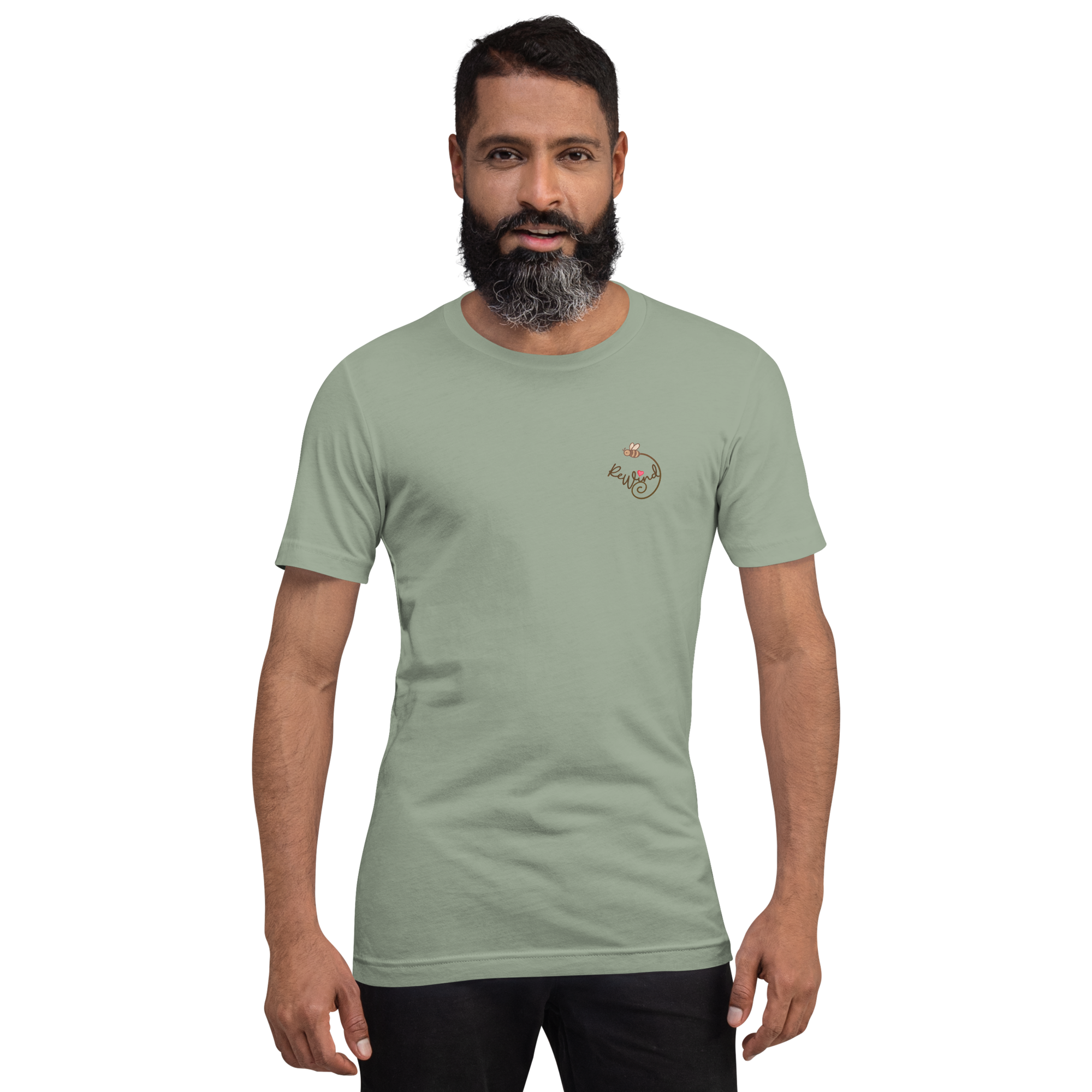 Unisex t-shirt, sage, model front view — front with ReWind bee-and-heart logo and back with “Kindness” text (heart over the i).