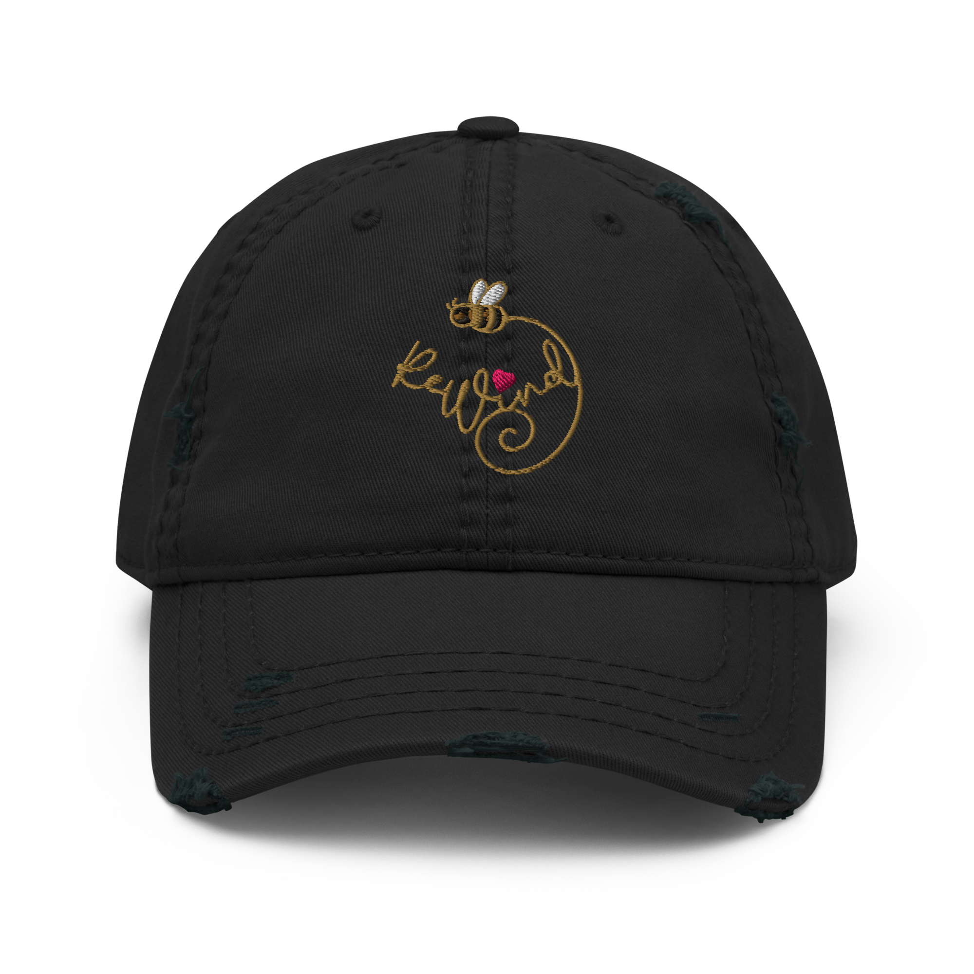 Black distressed dad hat — front ReWind bee-and-heart embroidery.