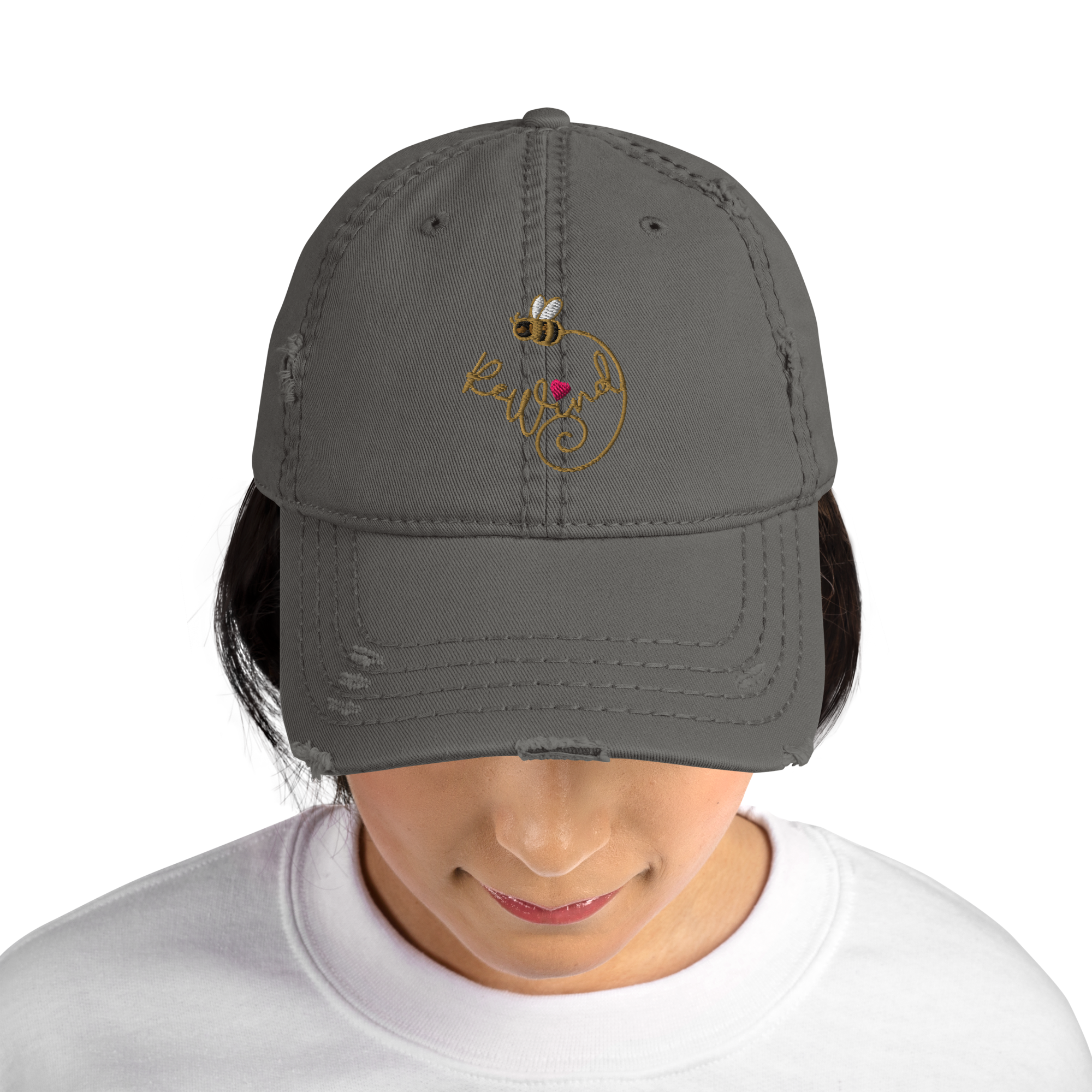 Charcoal distressed dad hat — on-model front view, bee-and-heart embroidery.