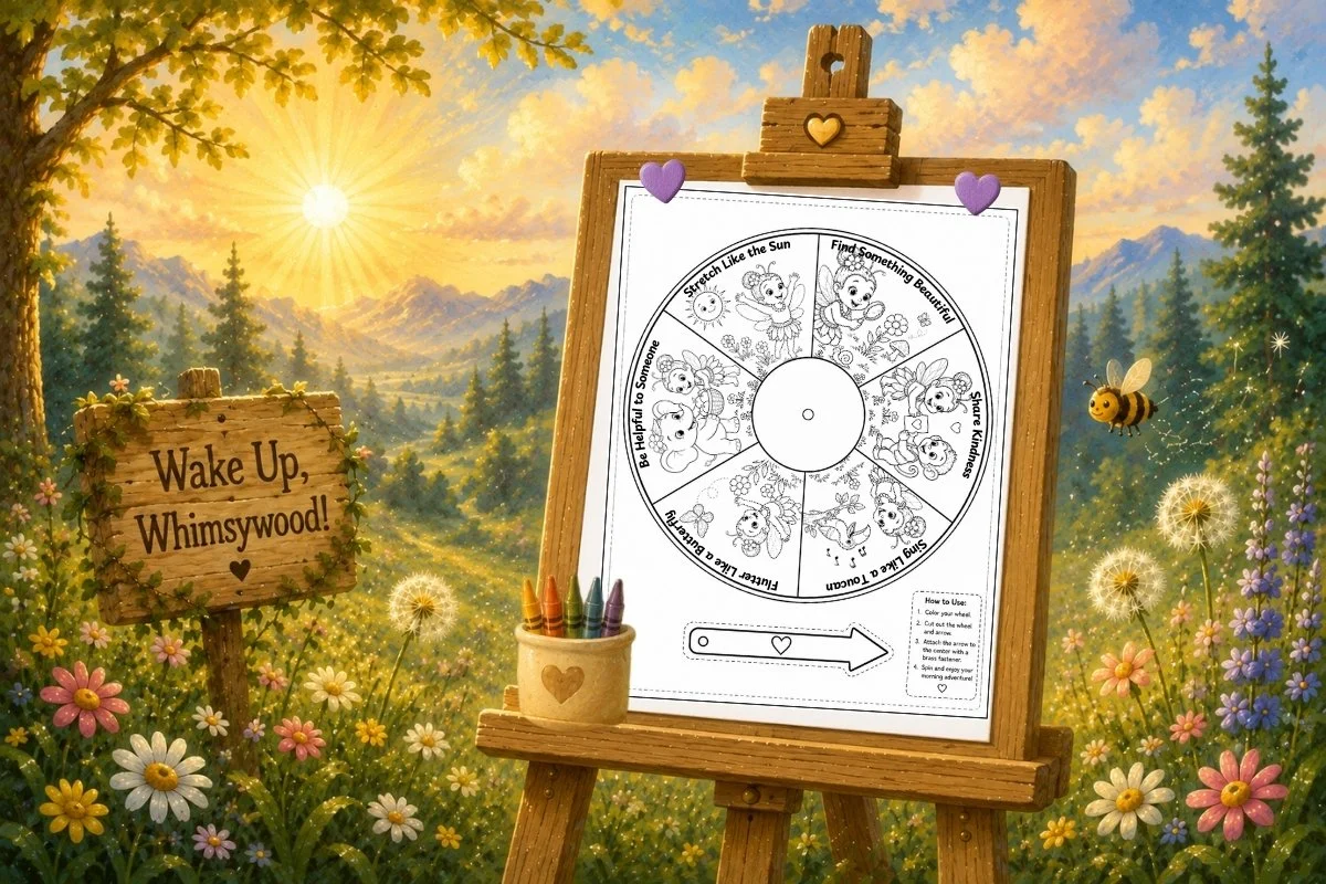 Wake Up, Whimsywood! free Morning Adventure Wheel printable displayed on a wooden easel in a sunny Whimsywood meadow.