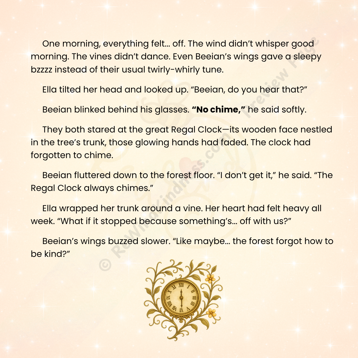 ReWind Kindness — Page 6: Story text continues beside a soft cream background with a glowing kindness emblem and gentle painterly Whimsywood details.