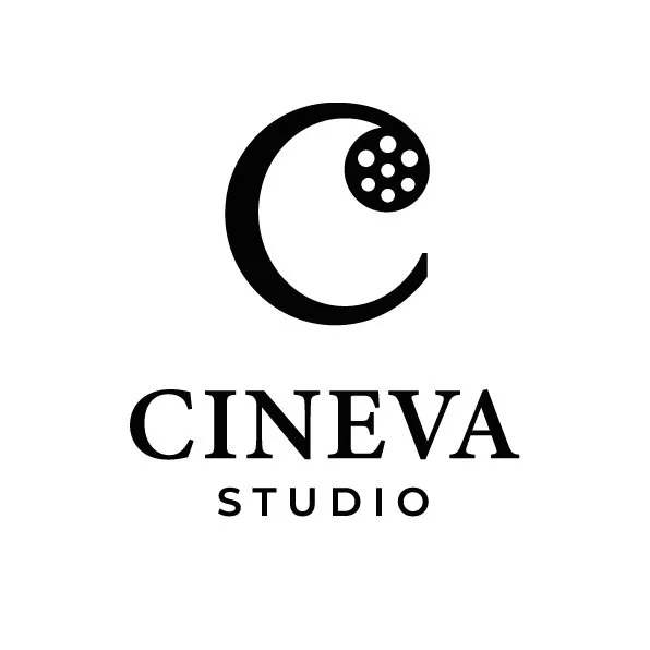Logo of CINEVA Studio featuring a crescent moon with a circle of film reel holes at the top right and the words 'CINEVA Studio' below.