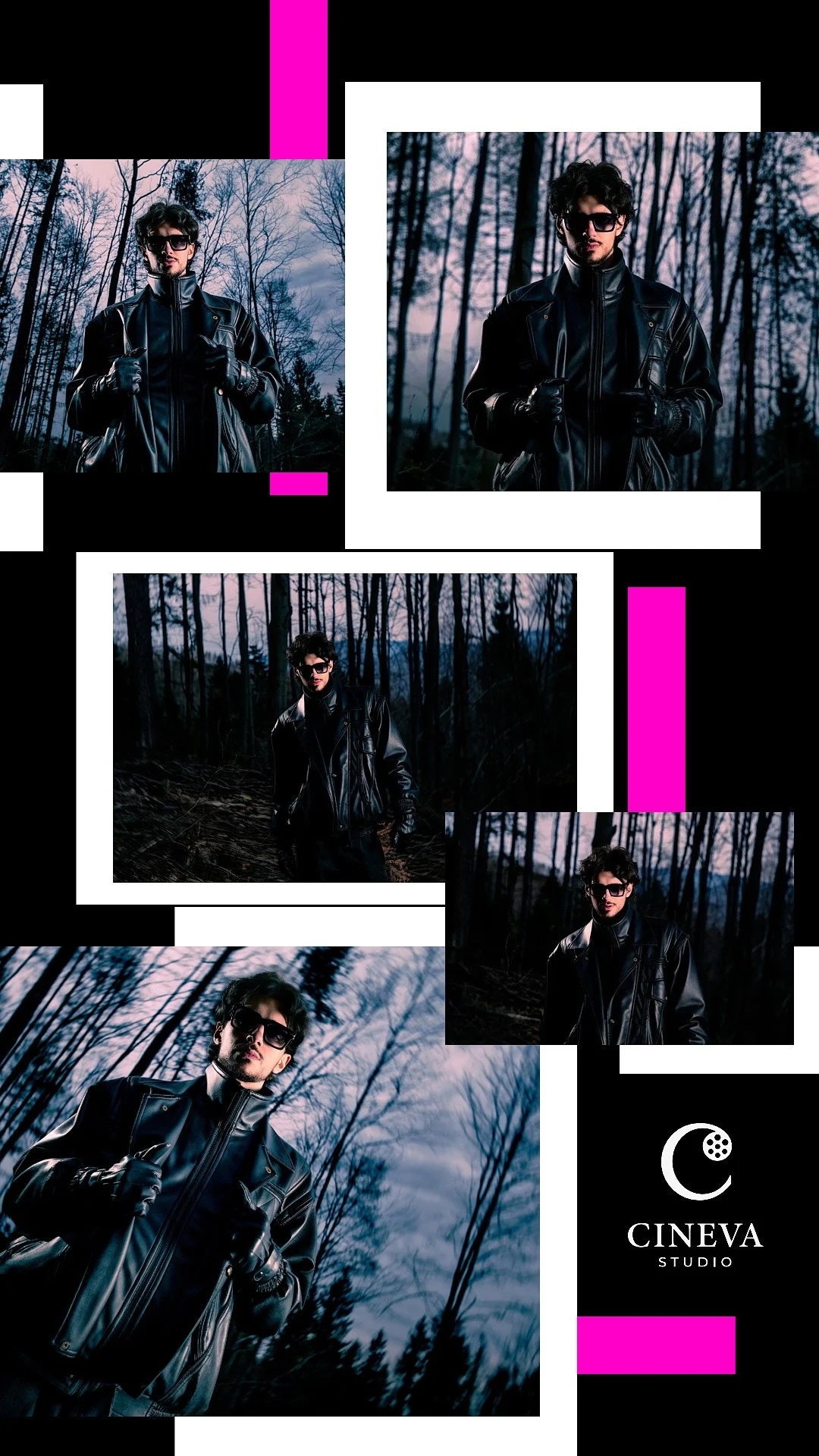 A collage of five photos of a man in a black leather jacket and sunglasses, standing in a dark forest during dusk with tall, bare trees in the background. The collage has black, white, and pink graphic elements, and there is a logo in the bottom right corner that says 'Cineva Studio' with a crescent moon and film reel icon.