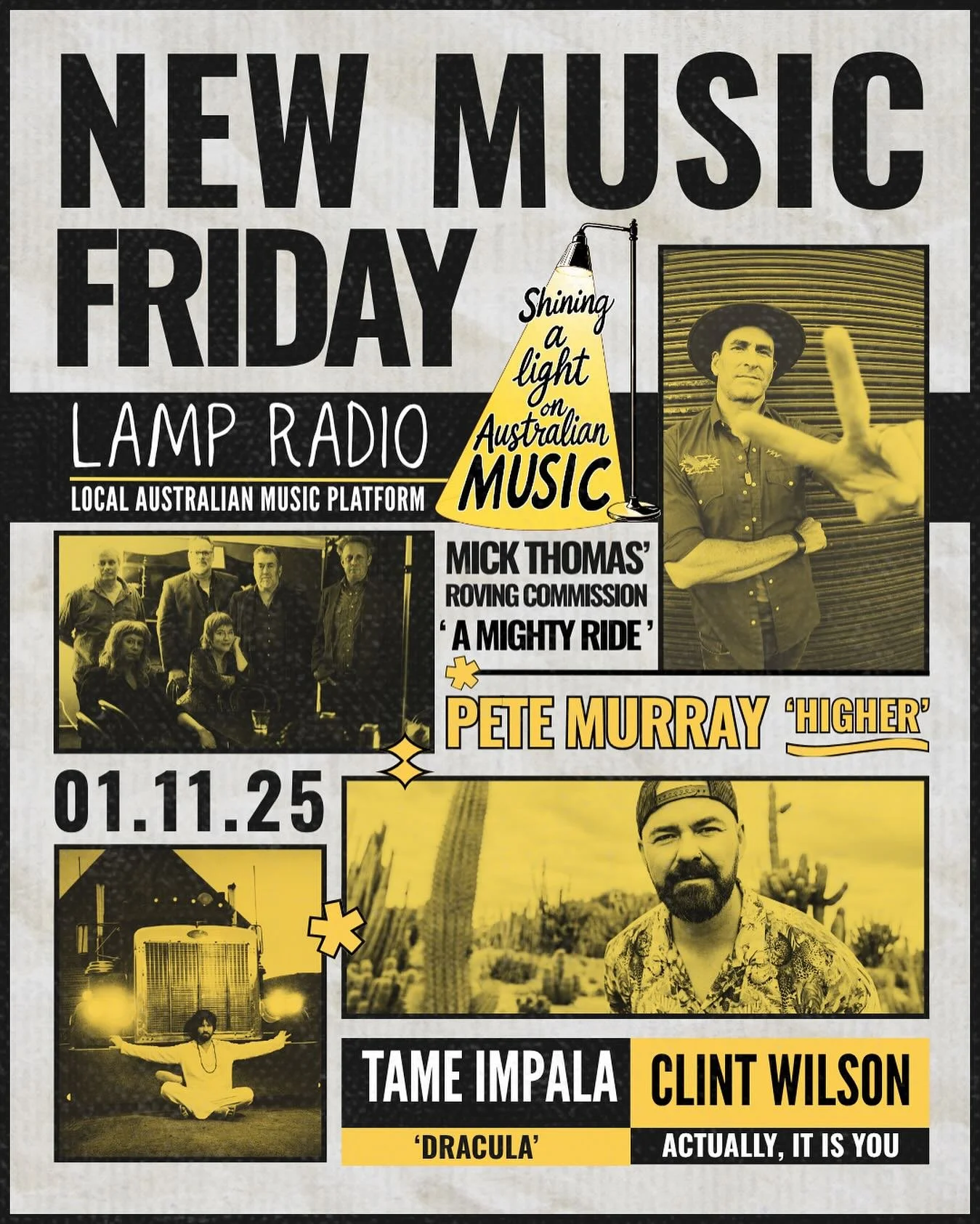 It&rsquo;s our first &lsquo;New Music Friday&rsquo; 
Every week we&rsquo;re adding amazing new Australian Music to our radio stream. 
This week it&rsquo;s 
@petemurraymusic &lsquo;Higher&rsquo;
@tameimpala &lsquo;Dracula&rsquo;
@clintwilsonmusic &lsq