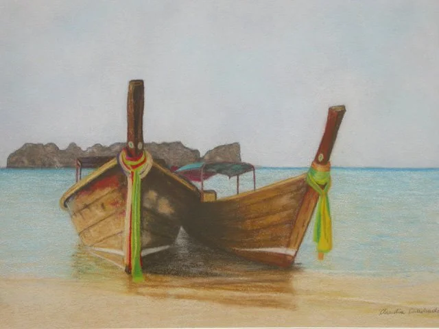 Painting of two traditional wooden boats on a sandy beach with a small island in the background.