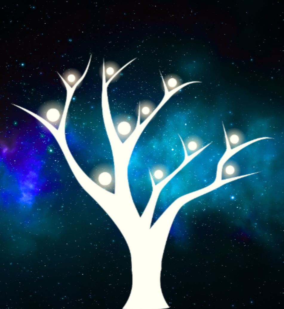 Silhouette of a white family  tree with glowing orbs at the ends of its branches against a starry galaxy background for family constellations.