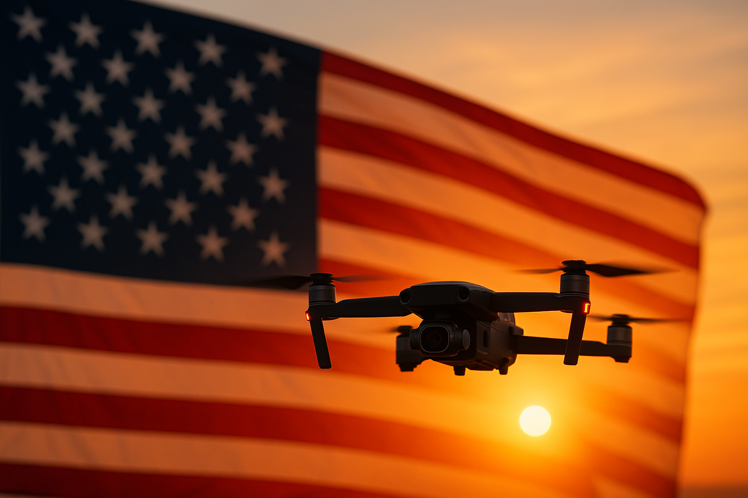 A drone flying in front of an American flag during sunset.