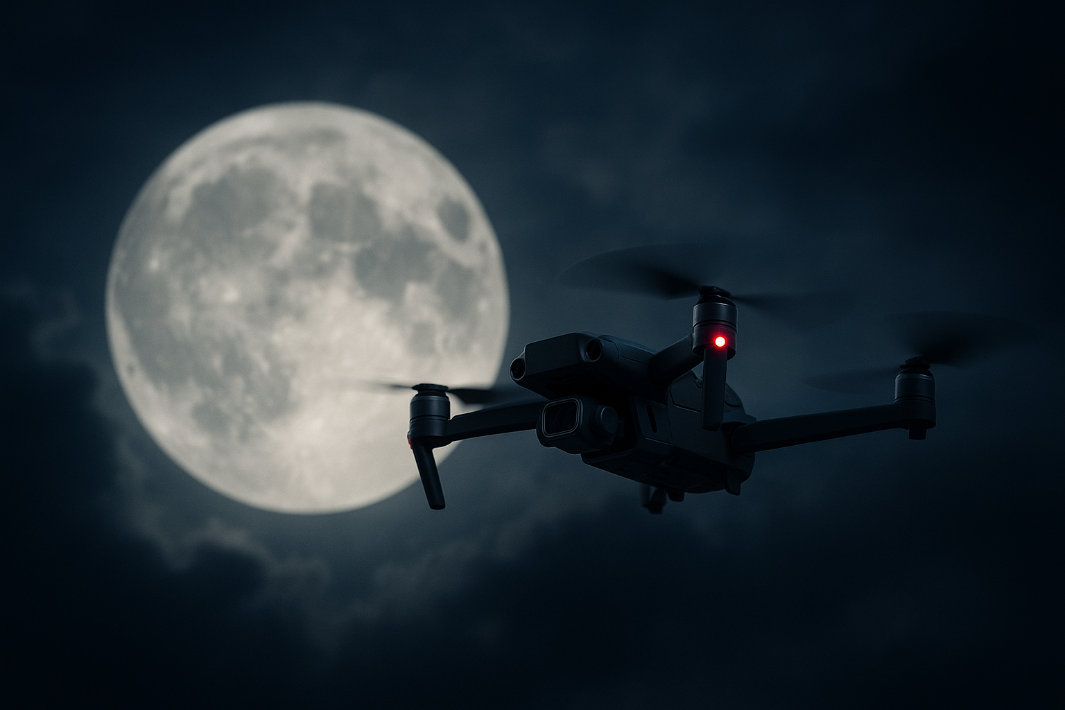 A drone flying in front of a full moon at night, with dark clouds in the background.