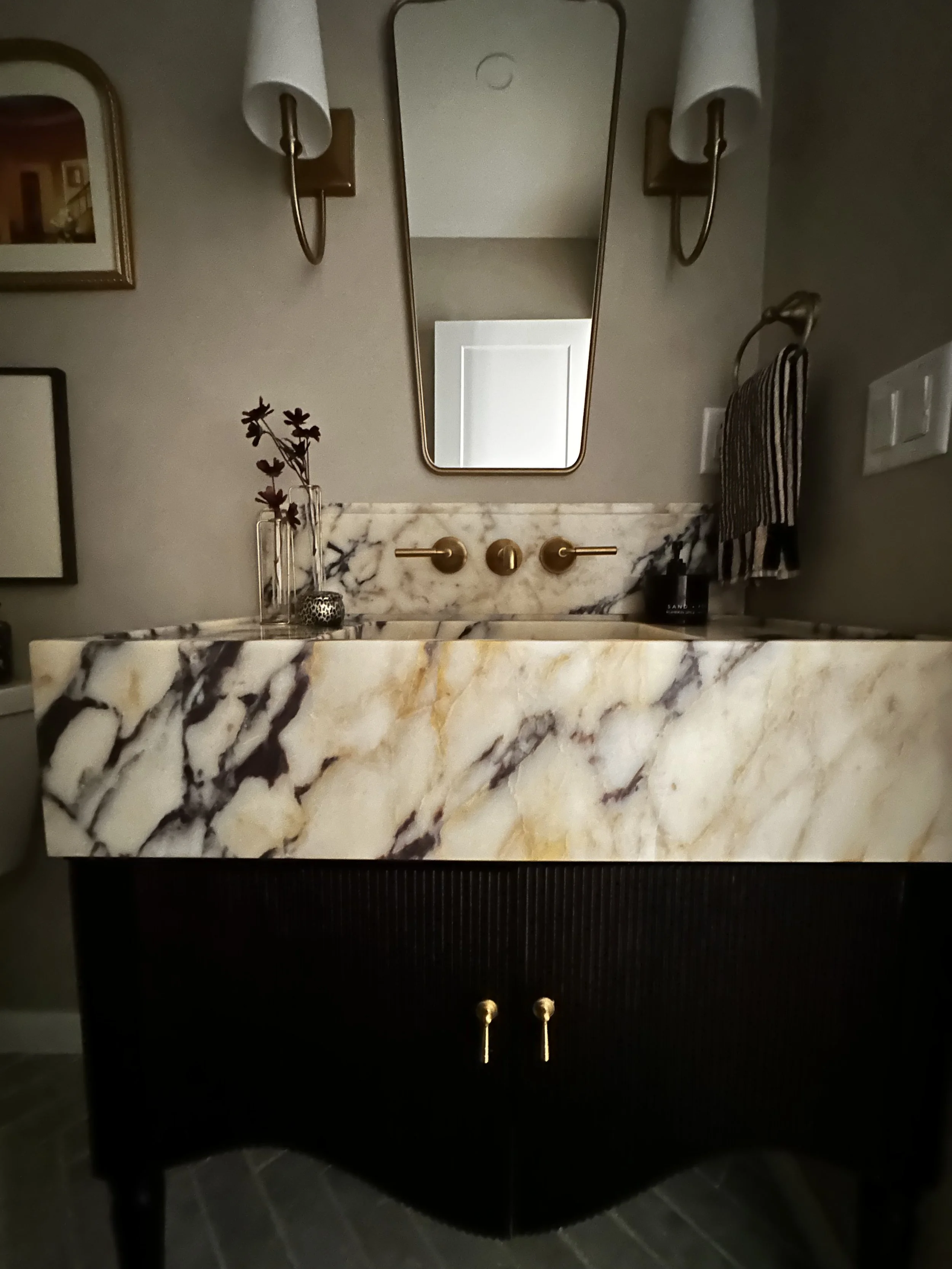 custom bathroom vanity, curved reeded cherry wood cabinets doors, gold antique pulls, calacatta violi marble, gold wall mount faucet, modern organic, interior design, custom bathroom