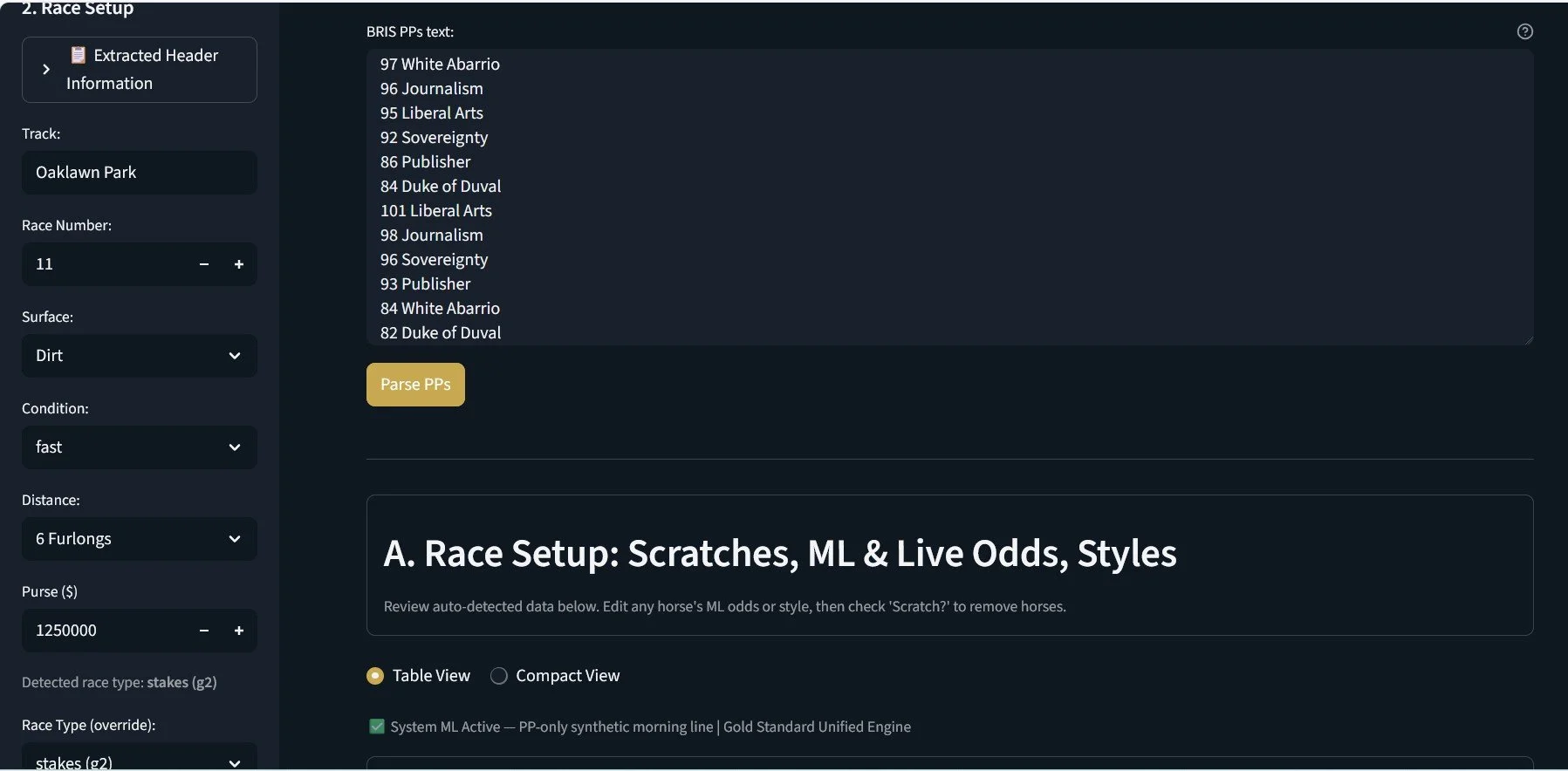 A screenshot of a horse racing setup interface with race details, timing, and odds. The left panel shows race information including track, race number, surface, condition, distance, purse, race type, and race type override. The main area displays BRISPPs text with horse names and their associated odds, and options for race setup including scratches, ML, and live odds styles.