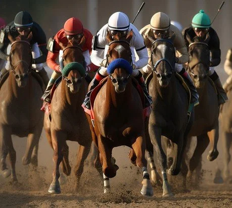 Six jockeys riding horses in a horse race, wearing colorful helmets and racing silks.