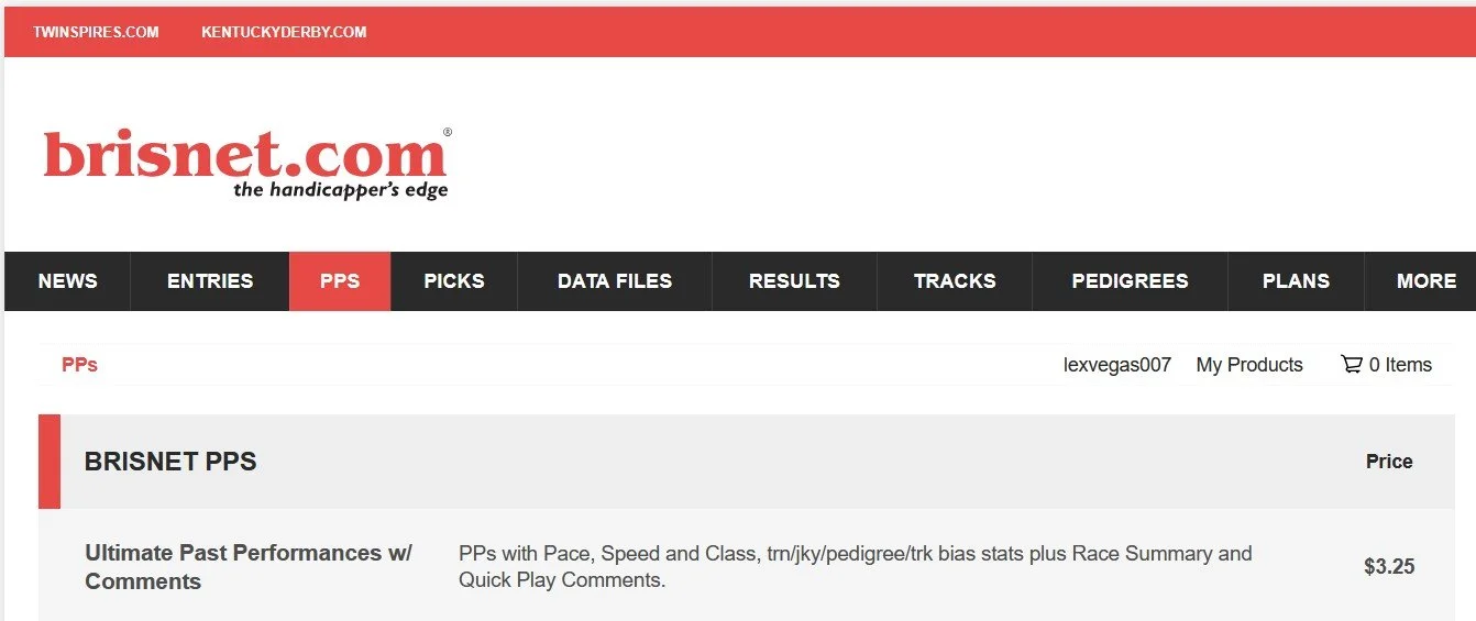 Screenshot of brisnet.com website, showing the BRISNET PPS page with information about ultimate past performances and a price of $3.25.